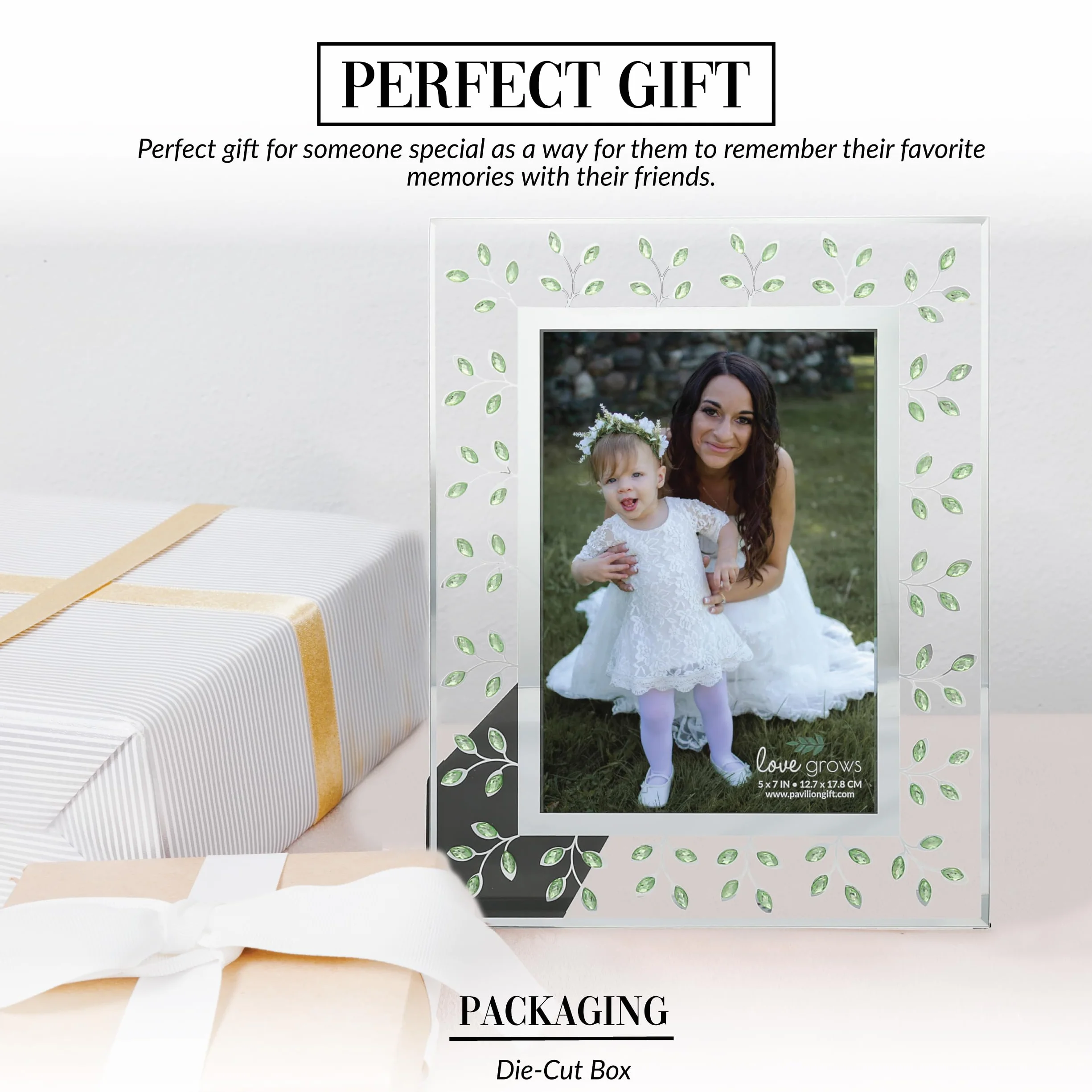 Pavilion Gift Company Ramka na zdjęcia z zielonymi klejnotami i szkłem lustrzanym - ramka na zdjęcia ślubne dla dziewczynki z kwiatami, rodzinna ramka na zdjęcia (pomieści zdjęcie 12,7 cm x 18 cm),