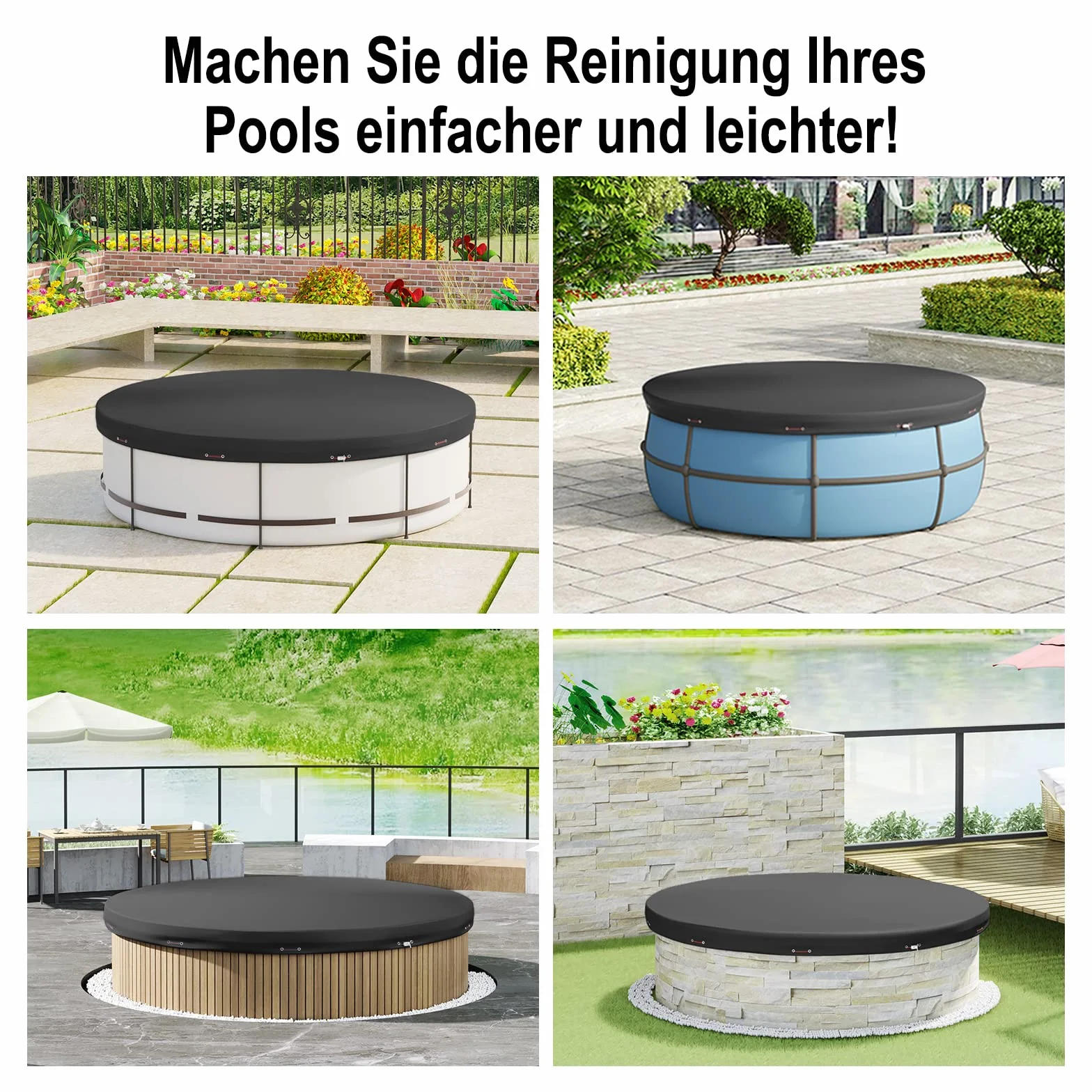 WOLTU Pokrywa basenu okrągłego Ø 360 cm, do basenów 300-320 cm, plandeka basenowa z PE 200 g/m², wodoodporna, z liną i elementem mocującym, ciemnoszara
