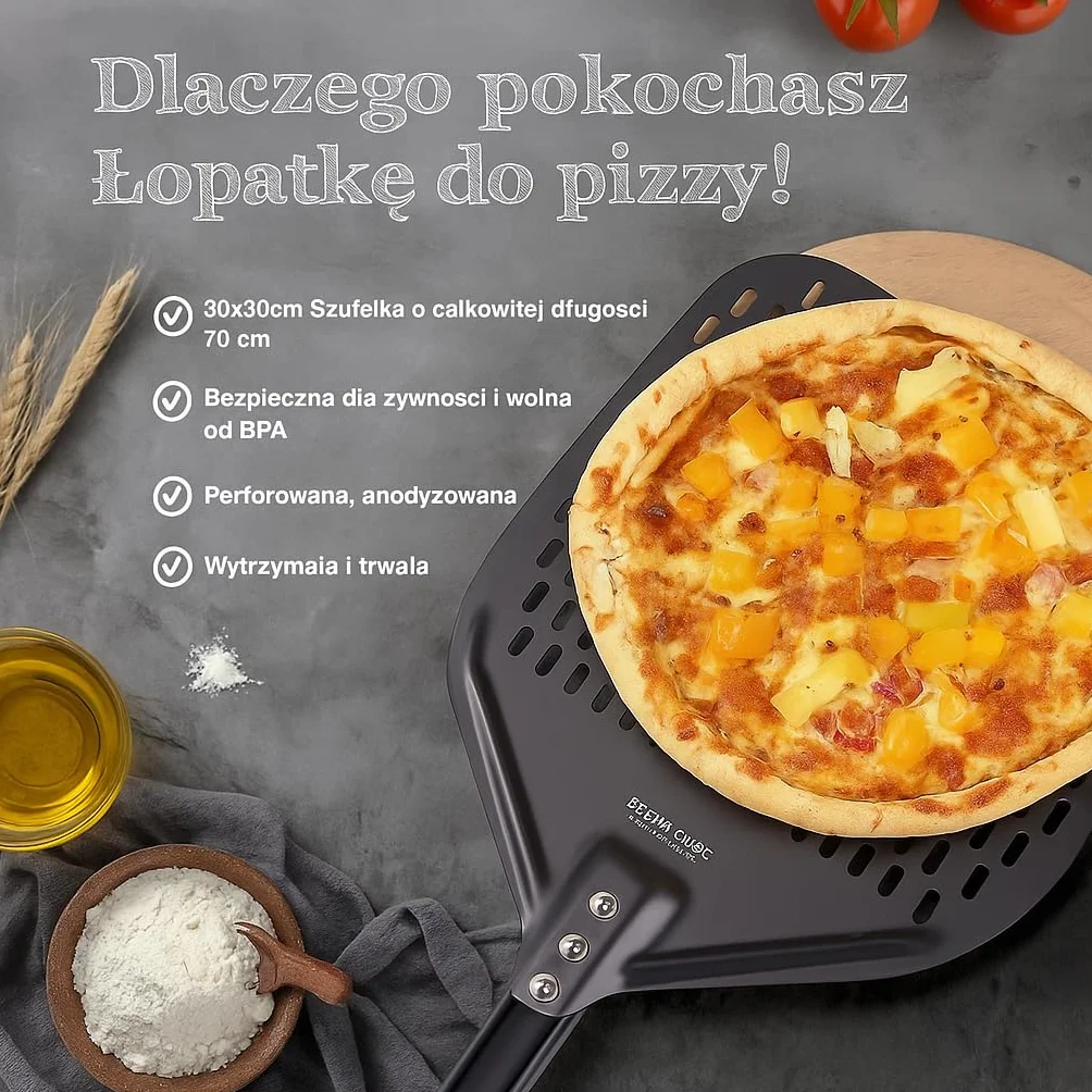 Pizza Lover Łopatka do pizzy premium perforowana łopatka do pizzy z twardego anodowanego aluminium z antypoślizgowym uchwytem 30 x 70 cm idealna do pieca do pizzy, grilla, kamienia do pizzy