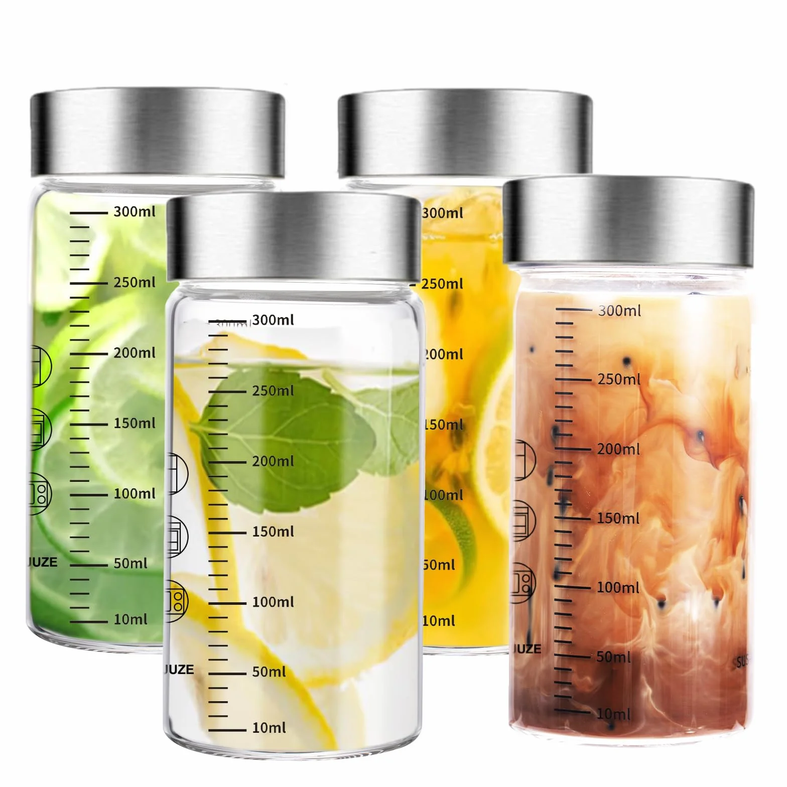 MUJUZE Szklane butelki 300 ml, z pokrywką ze stali nierdzewnej, 4 sztuki w zestawie ze skalą pomiarową, do soków, smoothie, mleka, szklanych butelek na sok, bez BPA, wielokrotnego użytku, szklana