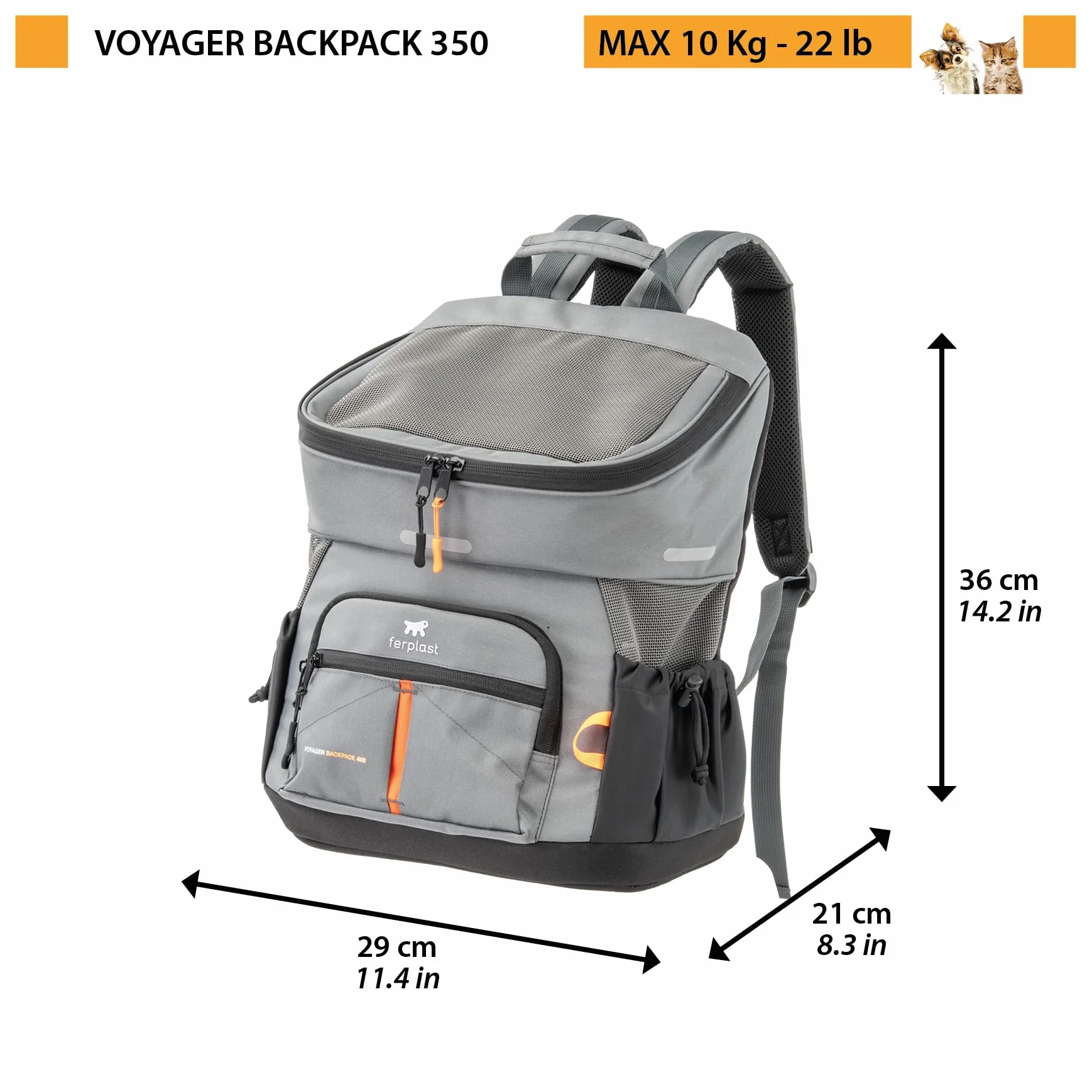 Ferplast Plecak dla psa VOYAGER BACKPACK, torba na zakupy dla kota, torba na psy, szeroki otwór, regulowane paski, pasek bezpieczeństwa, z poduszką, maks. 10 kg, 29 x 21 x 36 h, szary