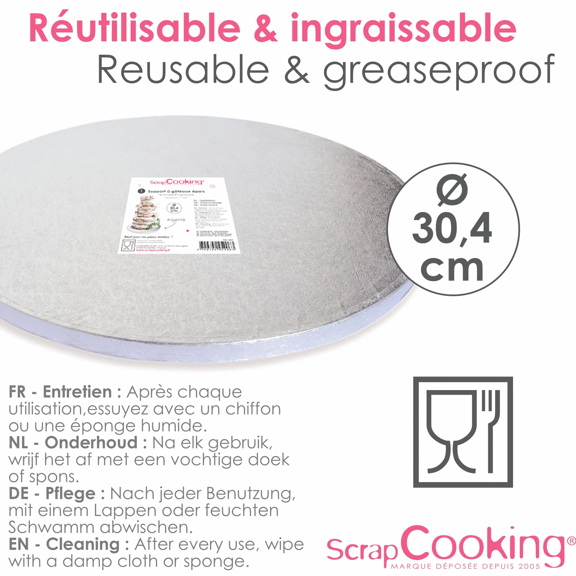 ScrapCooking Gruby okrągły stojak na ciasto, średnica 30 cm, kolor srebrny, blat wielokrotnego użytku, tarcza z deską, twarde ciasta, wyprodukowano we Francji, 5206