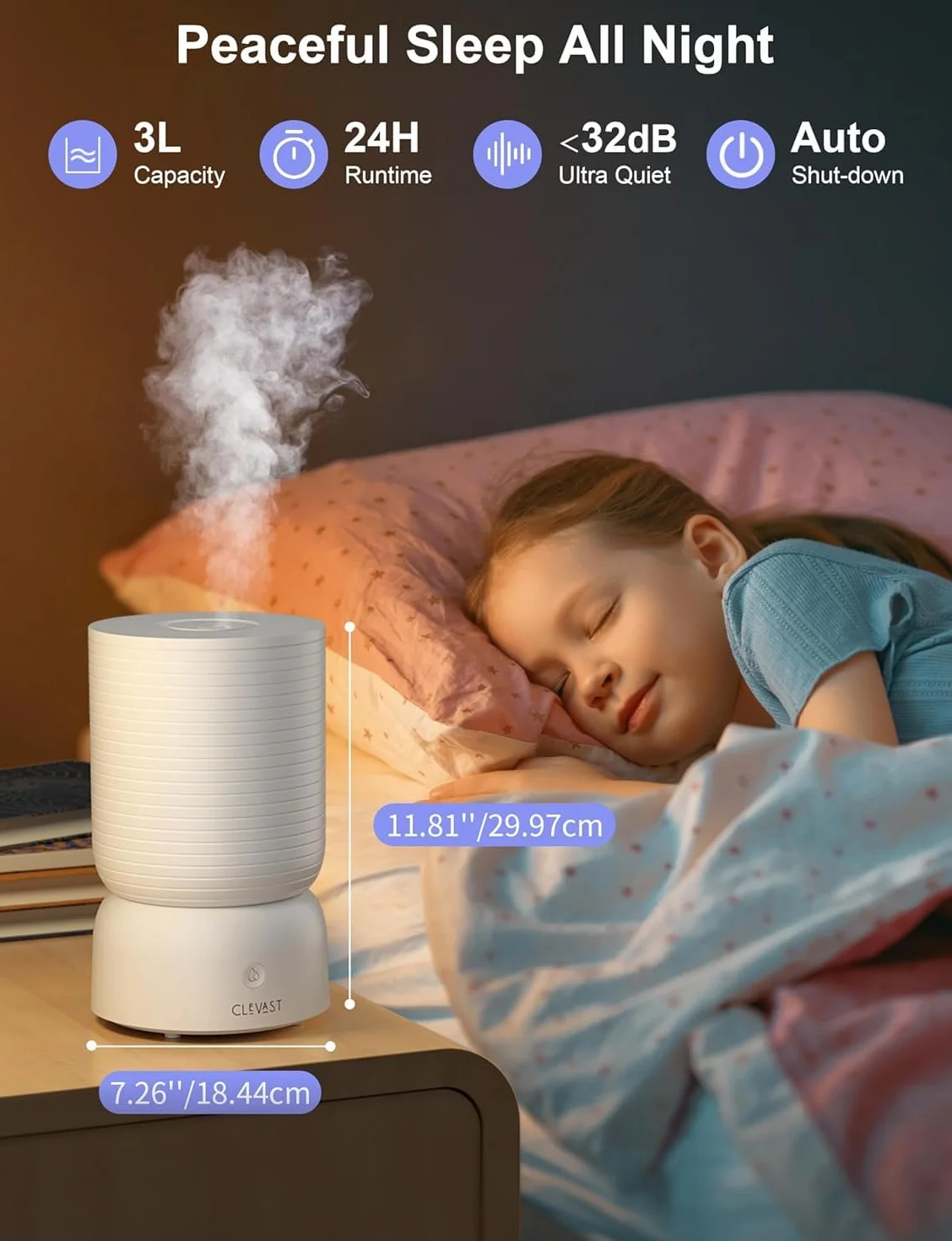 CLEVAST nawilżacze do sypialni, Top Fill 3L Cool Mist Cichy ultradźwiękowy nawilżacz z dyfuzorem olejków eterycznych, Wi-Fi Nawilżacz powietrza dla dziecka, kontrola wilgotności, praca z Alexą