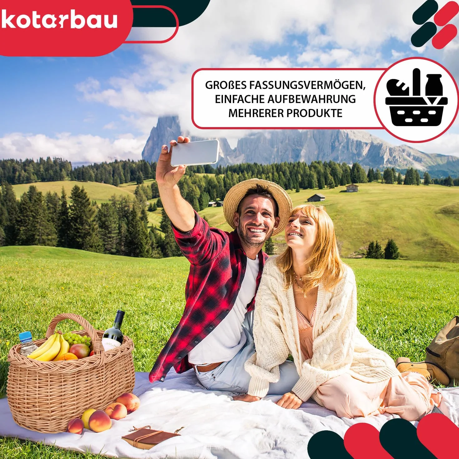 KOTARBAU® Kosz z uchwytami plecionka wiklinowa na zakupy w naturalnym kolorze, pojemny i wygodny