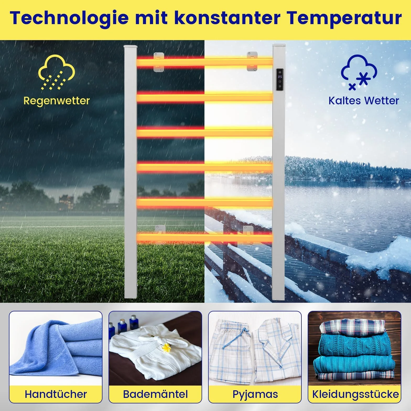 COSTWAY Podgrzewacz na ręczniki 100 W, wieszak na ręczniki, grzejnik aluminiowy, 10 min do 60°C, timer 8 h i ochrona przed przegrzaniem, z wyświetlaczem LED (54 cm x 35 cm x 91 cm)