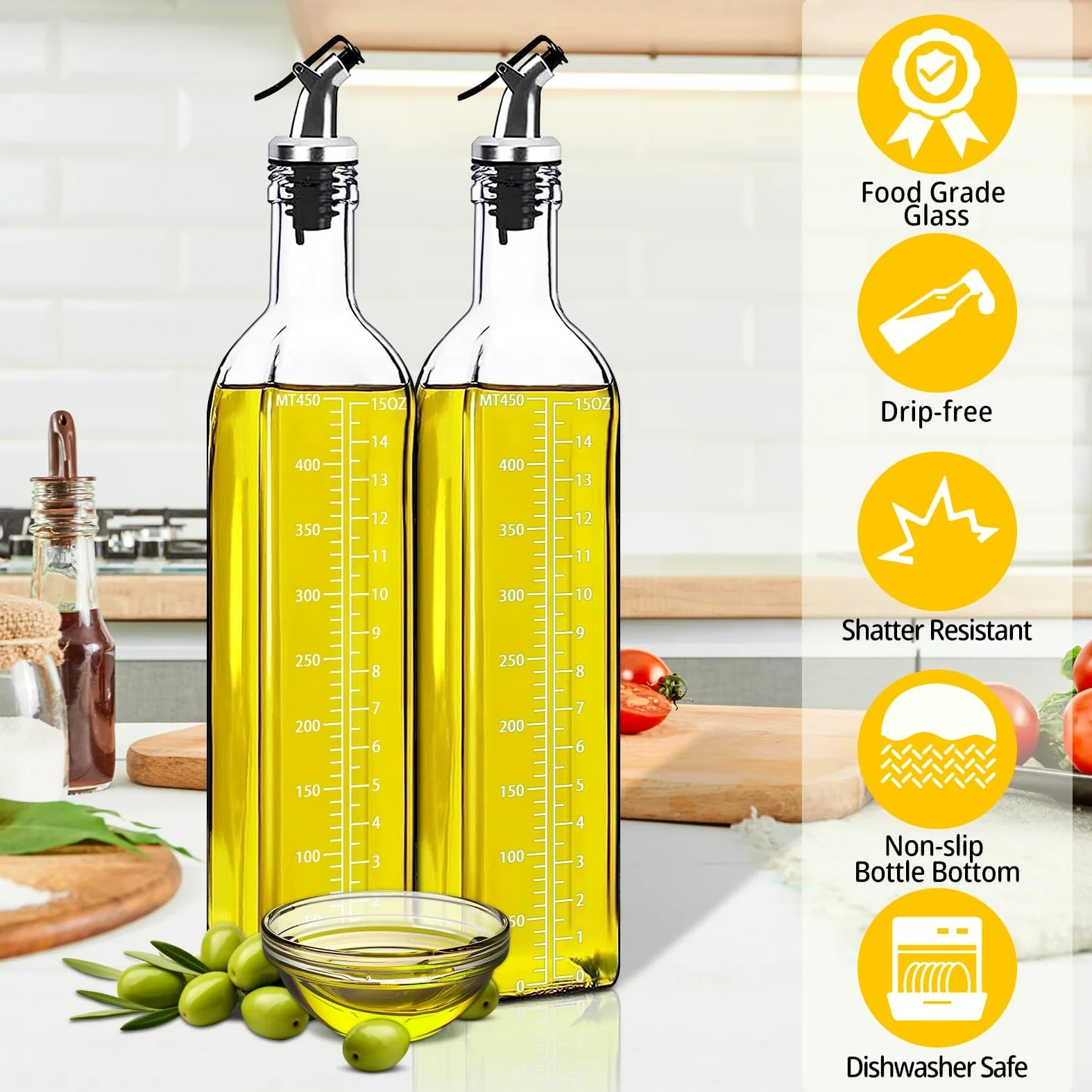 4-Częściowy Zestaw Butelek Na Ocet I Oliwę,Butelka Oliwy Z Oliwek 500 ML,Dozownik Octu I Oliwy Z Lejkiem,Nasadka Antyzabrudzeniowa,Etykieta,Butelki Na Olej Odpowiednie Do Kuchni