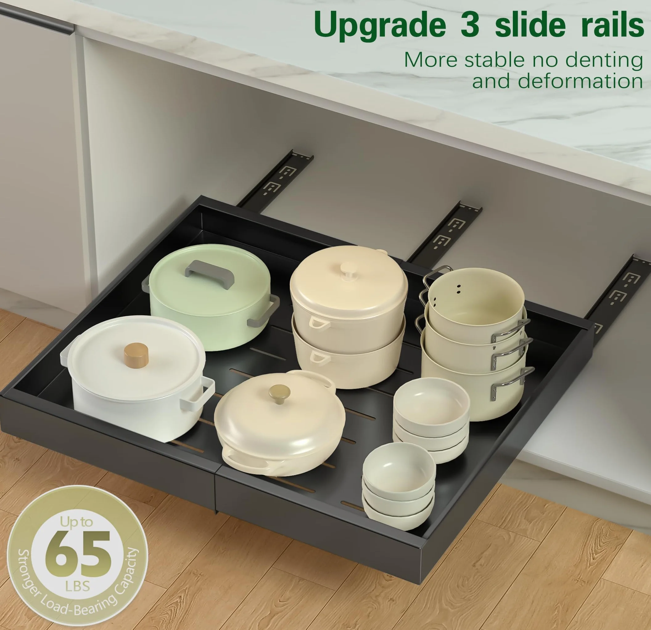 Wysuwana szuflada kuchenna 2 sztuka, przechowywanie kuchni i organizacja bez dziurkowania do organizacji szafek kuchennych, azienki, regulowana szeroko od 32 do 52 cm, Czarny