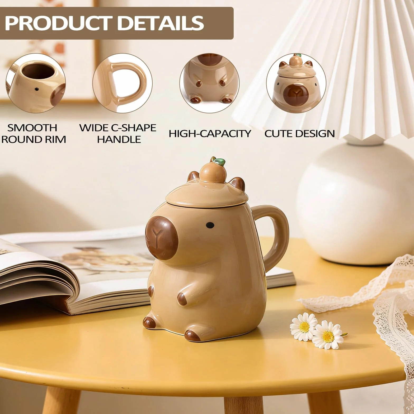 Capybara Filiżanka ceramiczna 450 ml – słodka świnka wodna, filiżanka do kawy z łyżeczką, duży kubek Capybara do kawy i herbaty, uroczy kubek ze zwierzętami do biura, pomysł na prezent dla