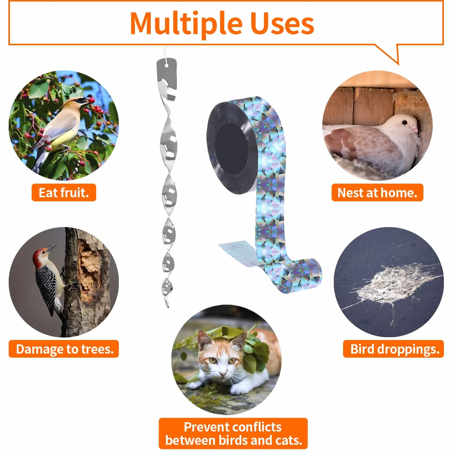 7PCS Espanta Gołębie Odblaskowe Strach Na zewnątrz Spirala Wiatrowa Antygołębie Z 1PCS Taśma Odblaskowa Anti-Birds Dwustronne Do Ogrodów Balkon Drzewa Owocowe (7 Kolory)