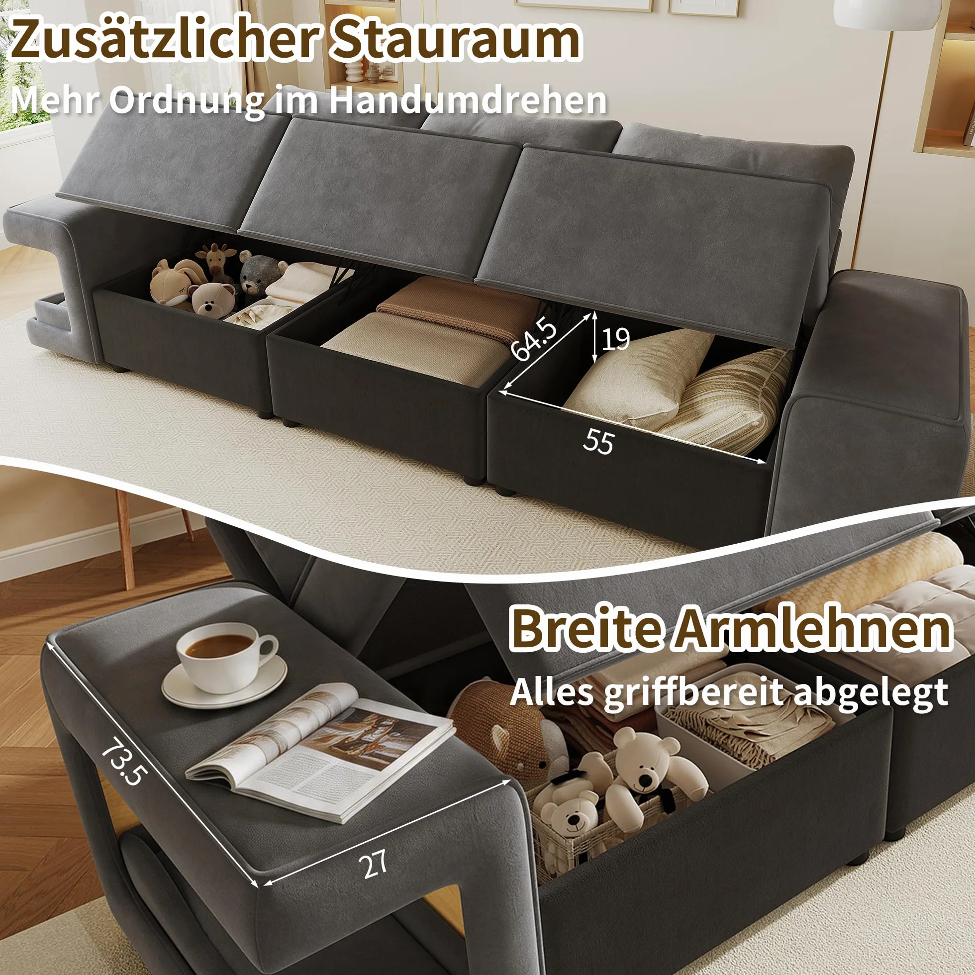 Nowoczesna 3-osobowa sofa, modułowa sofa Cloud z szerokimi podłokietnikami, miejscem do przechowywania, wyściełanym obszarem dla zwierząt domowych, w zestawie 2 poduszki, szara
