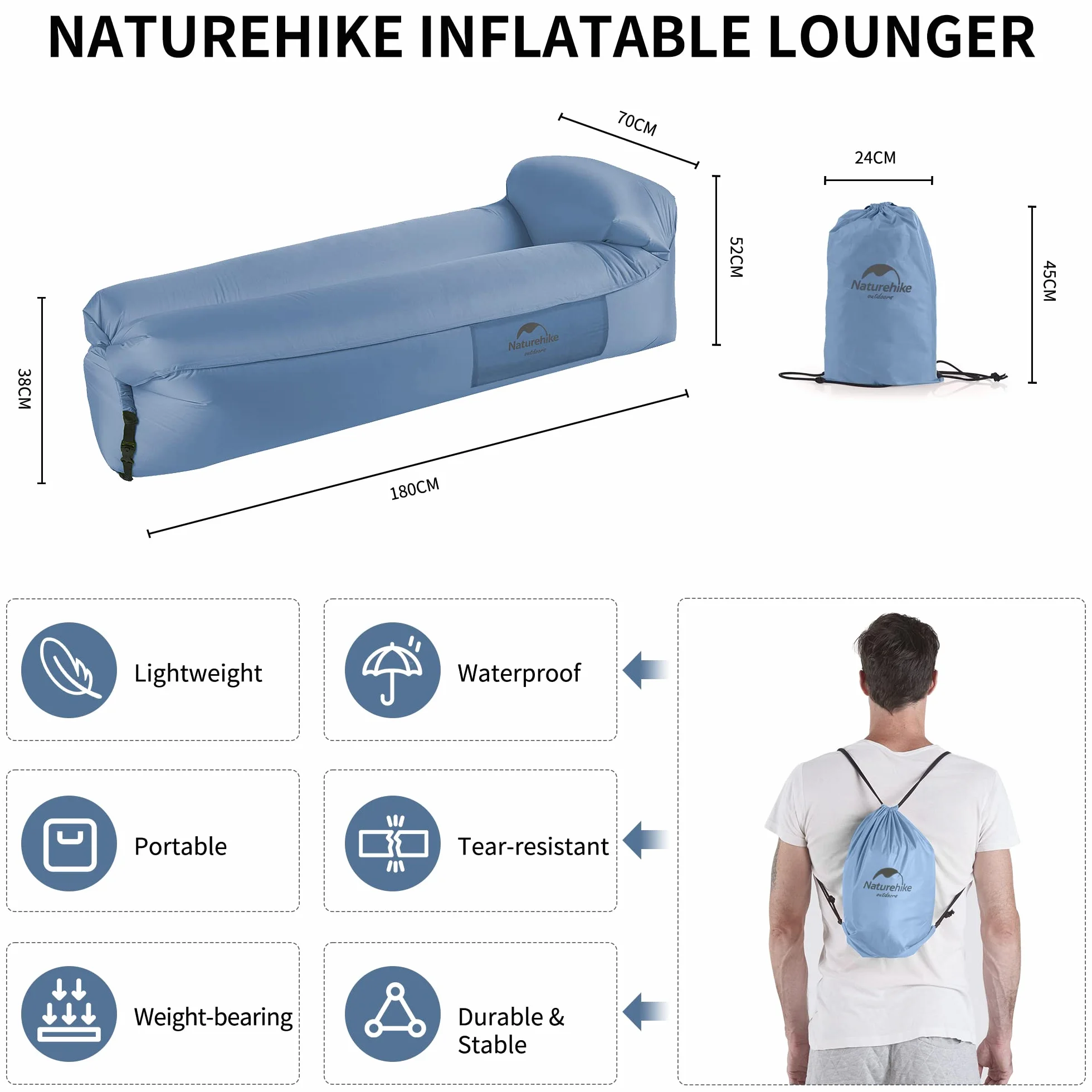 Naturehike Nadmuchiwany rozkładany fotel, wodoodporna nadmuchiwana sofa z przenośnym plecakiem, nadmuchiwane łóżko do kempingu, basenu (niebieski)
