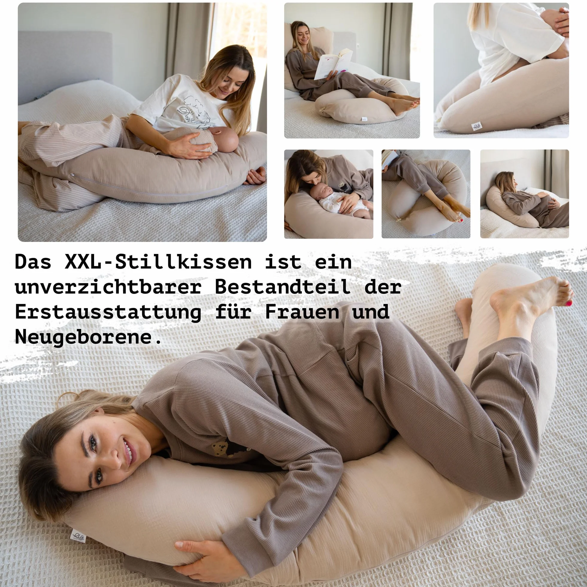 PaLulli® Ergonomiczna poduszka do karmienia XXL 190 x 30 cm, z poszewką z bawełny bio-muślinowej – idealna poduszka dla kobiet w ciąży i do spania na boku, komfort i wsparcie dla dorosłych i matek