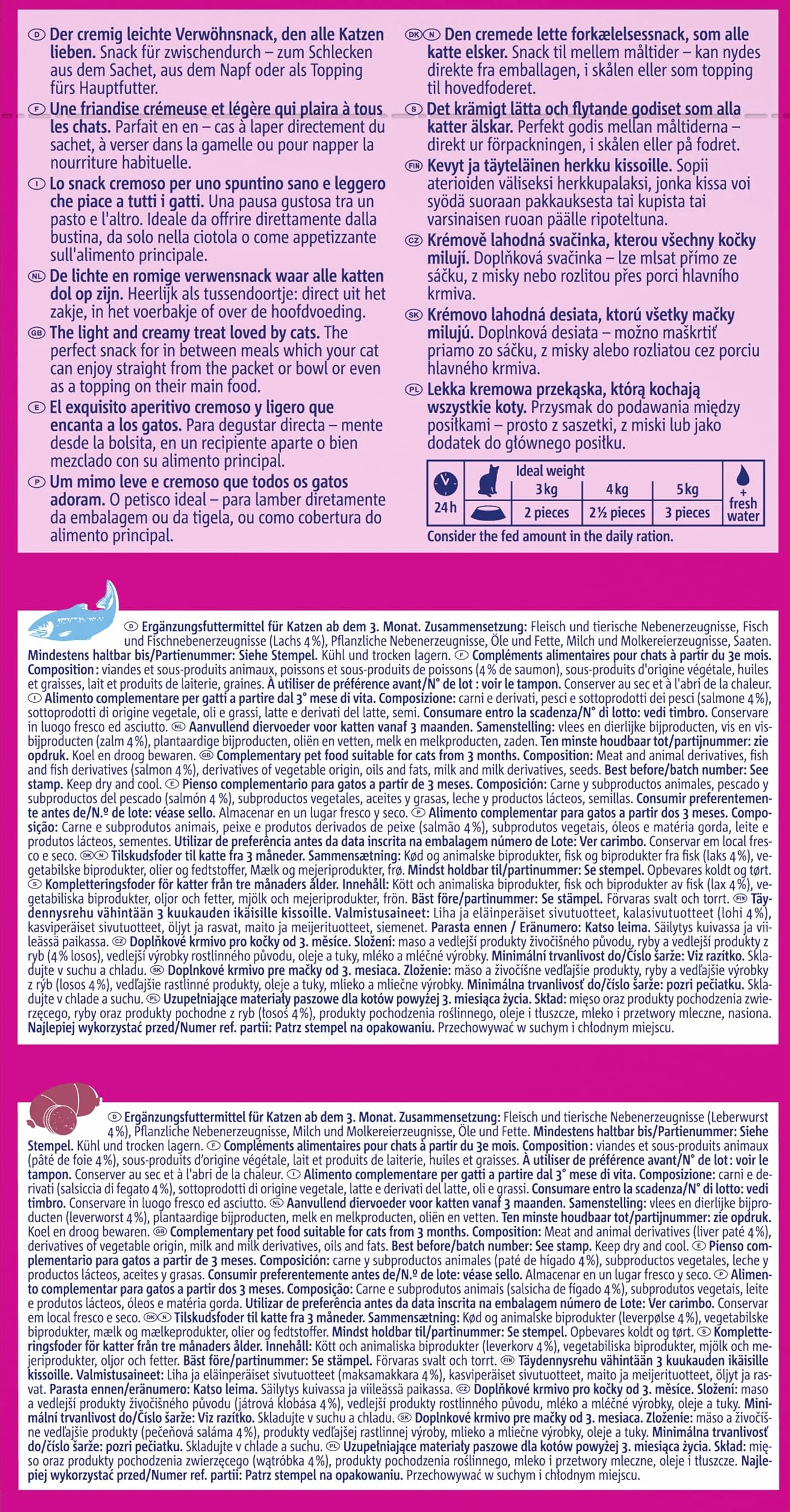 Vitakraft Płynna przekąska, smakołyk dla kotów, kremowa przekąska, z kiełbasą wątrobową i biotyną, z łososiem i Omega 3, w pojedynczych saszetkach, opakowanie do przechowywania (16 x 15 g)