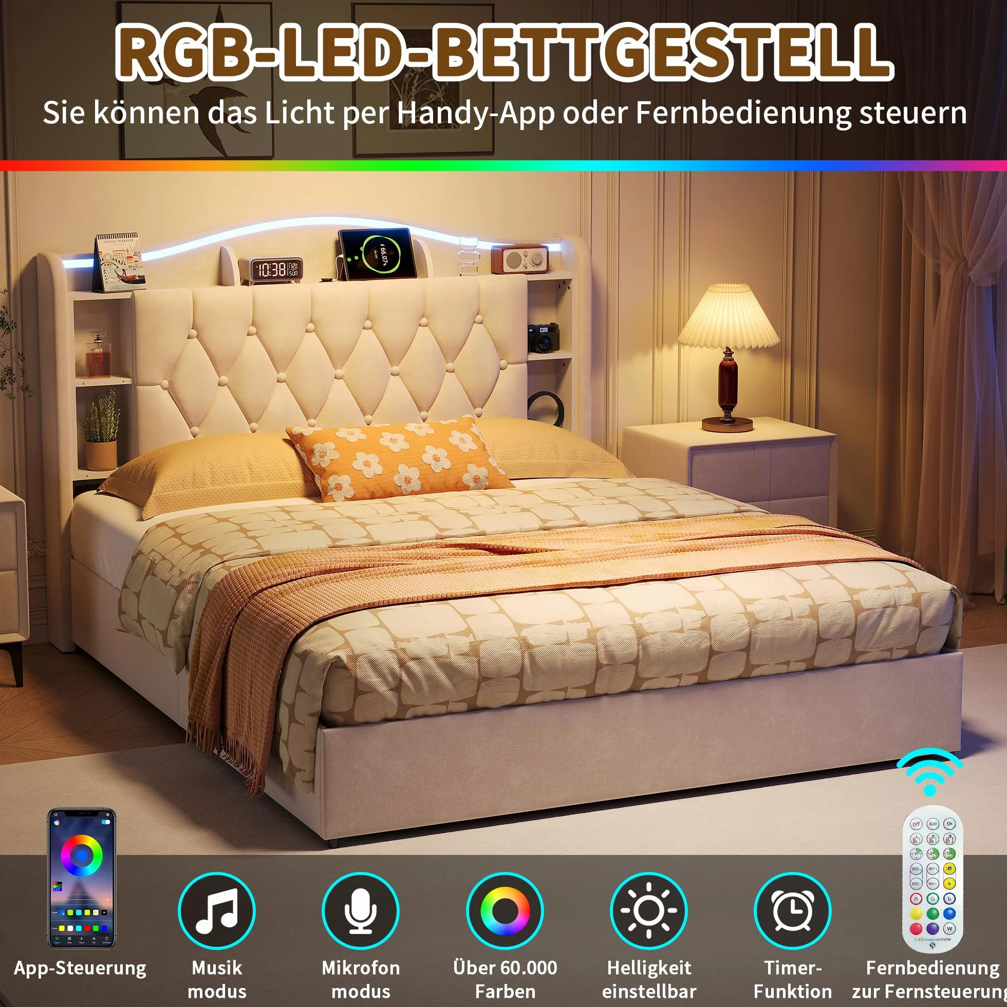 BRILVERDE Łóżko tapicerowane 160 x 190 cm, z miejscem do przechowywania, podwójne łóżko z diodami LED/USB, rama łóżka ze stelażem i zagłówkiem, łóżko młodzieżowe dla dorosłych i młodzieży, aksamitne