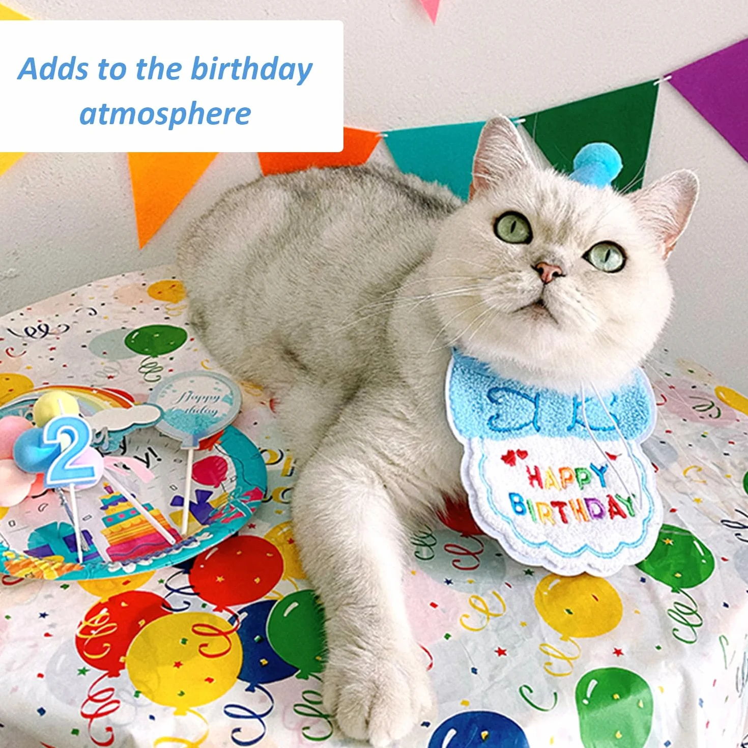 1 śliniaczek, 1 x czapka urodzinowa, 2 sztuki spinek do włosów, czapka urodzinowa dla szczeniaka i kotka, szalik, zestaw akcesoriów urodzinowych dla zwierząt domowych, kostium kota (niebieski)