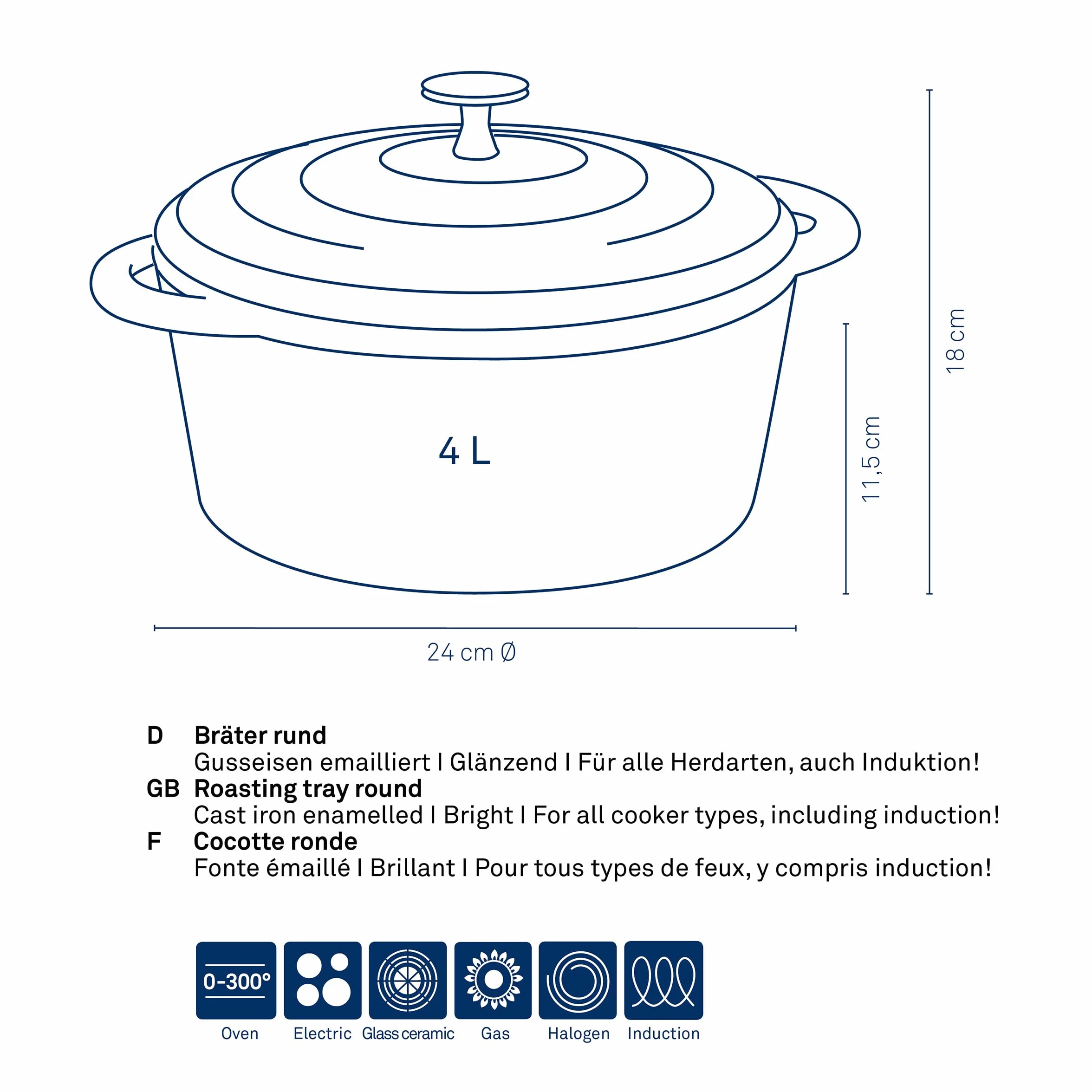 kela Calido, Ø 24 cm, 3,8 l, żeliwo, jasnoszare, okrągłe, dno do wszystkich kuchenek, emaliowane, odporne na temperaturę do 300°C, 12606