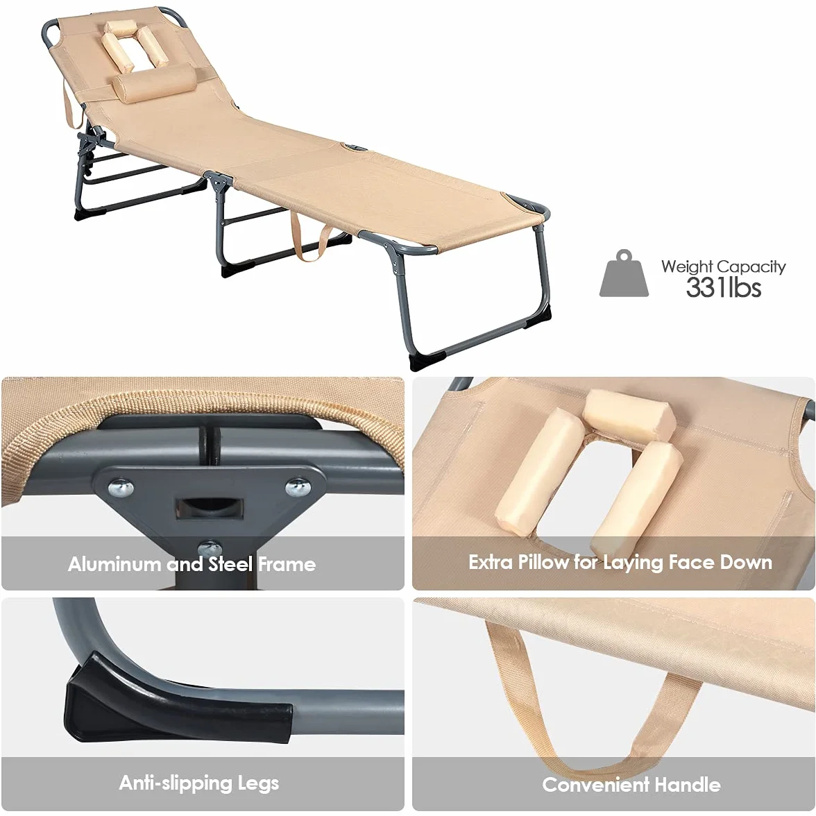 Giantex Składany leżak z otworem do czytania, leżak do kąpieli, ergonomia, zdejmowana, 5 regulowanych pozycji, leżak ogrodowy do ogrodu, na basen, taras (beżowy)