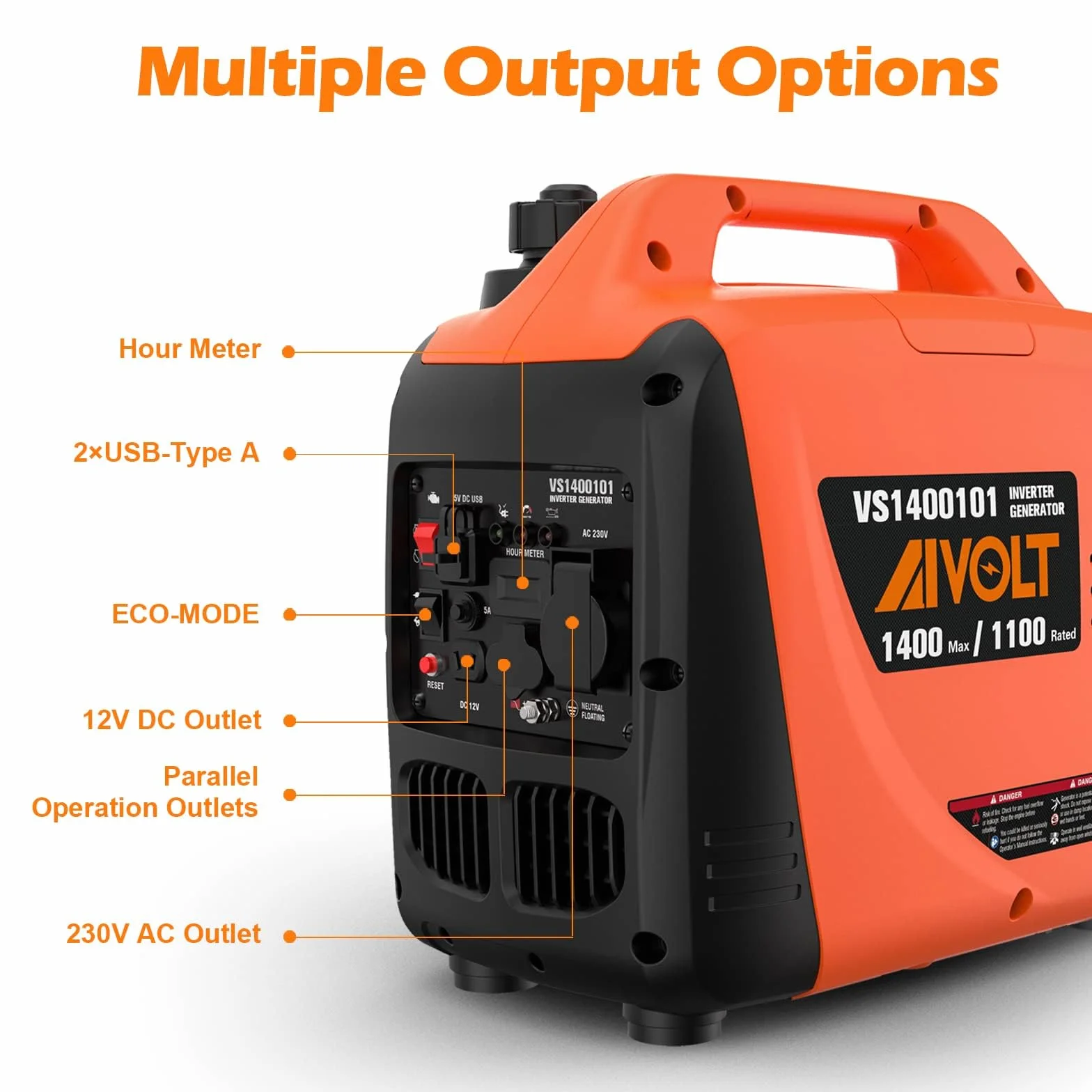 AIVOLT Generator Benzyny 1400W Generator Cichego Falownika z Gniazdami AC 230V/DC 12V/USB Typu A i Zbiornikiem 2,5L Przenośny Lekki Generator na Kemping na świeżym Powietrzu