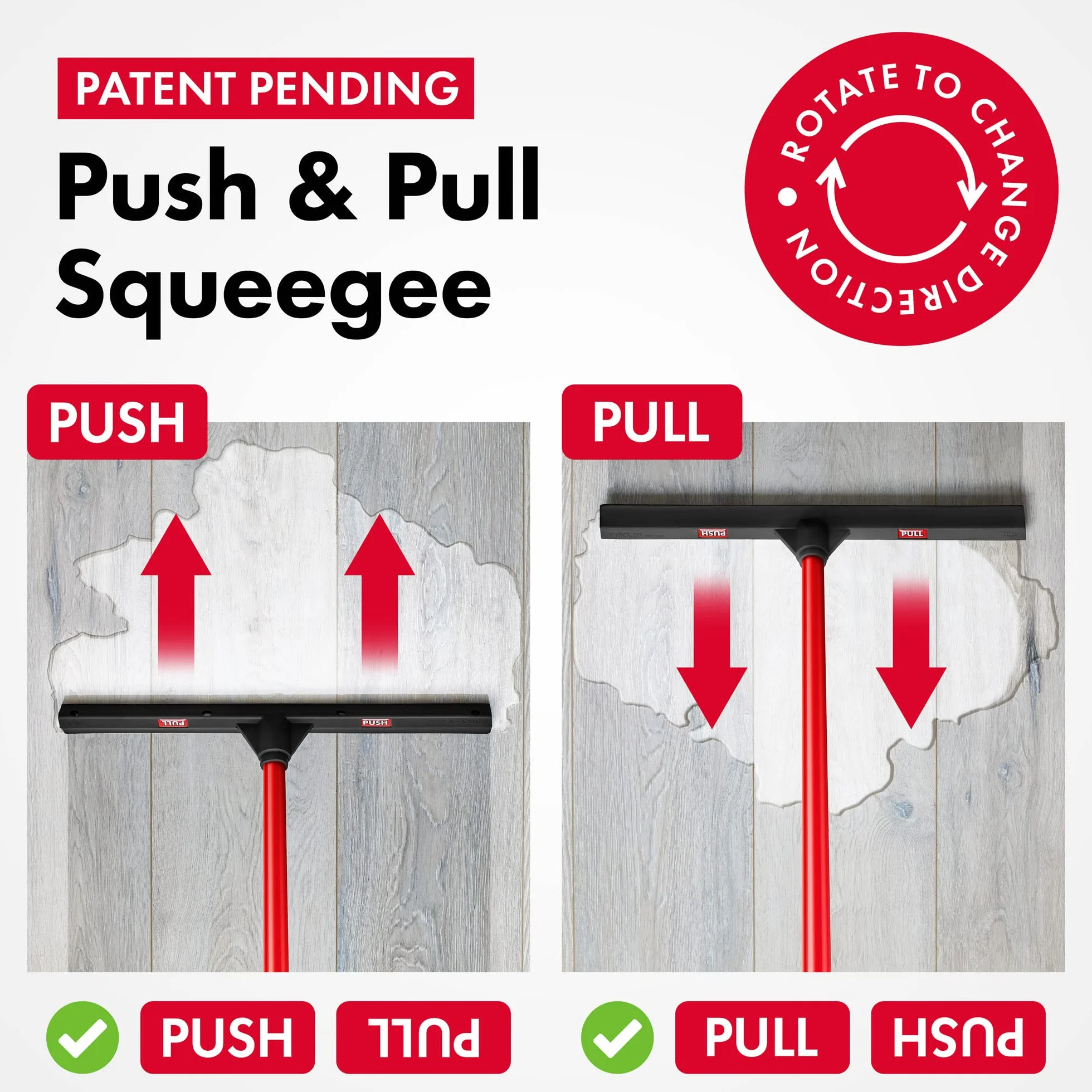 Tyroler Pull & Push Squeegee wykonany w 100% z naturalnej gumy, 44 cm, patentowa, aluminiowy antykorozyjny 4-częściowy uchwyt, bezpieczny dla mebli, wielopoziomowy, drewno liściaste, płytka, garaż