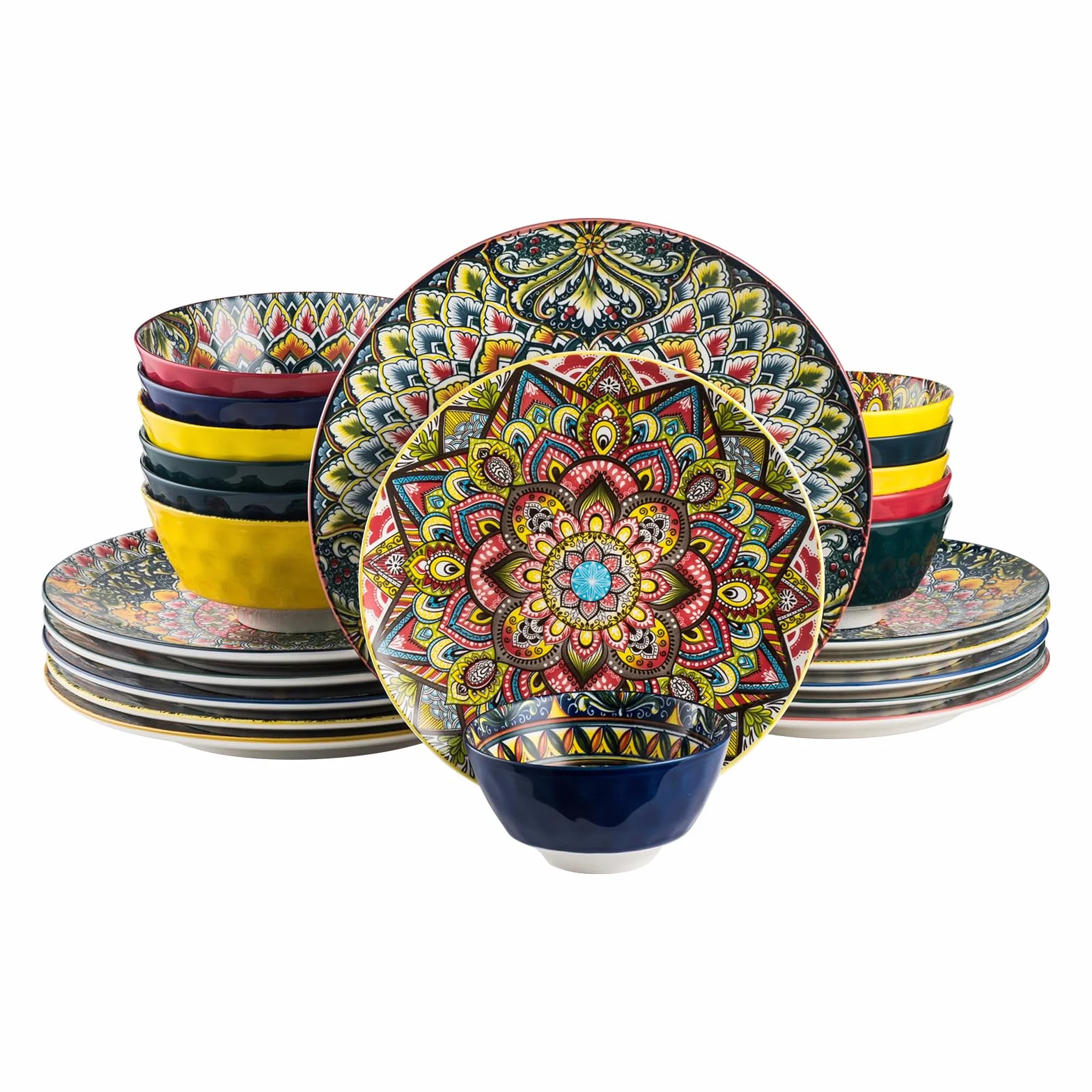 Henten Home Zestaw talerzy – 25 cm, porcelanowe duże okrągłe talerze do jadalni, zestaw 6 sztuk, okrągły talerz na śniadanie/deser ze wzorem, styl boho