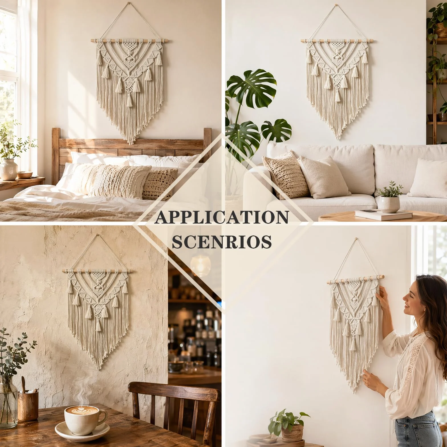 Umllpet Makrama, dekoracja ścienna w stylu boho, 70 x 40 cm, ręcznie tkany dywan ścienny z bawełny z frędzlami i drewnianym kijem, gobelin w stylu boho, do salonu, sypialni, na balkon, dekoracja