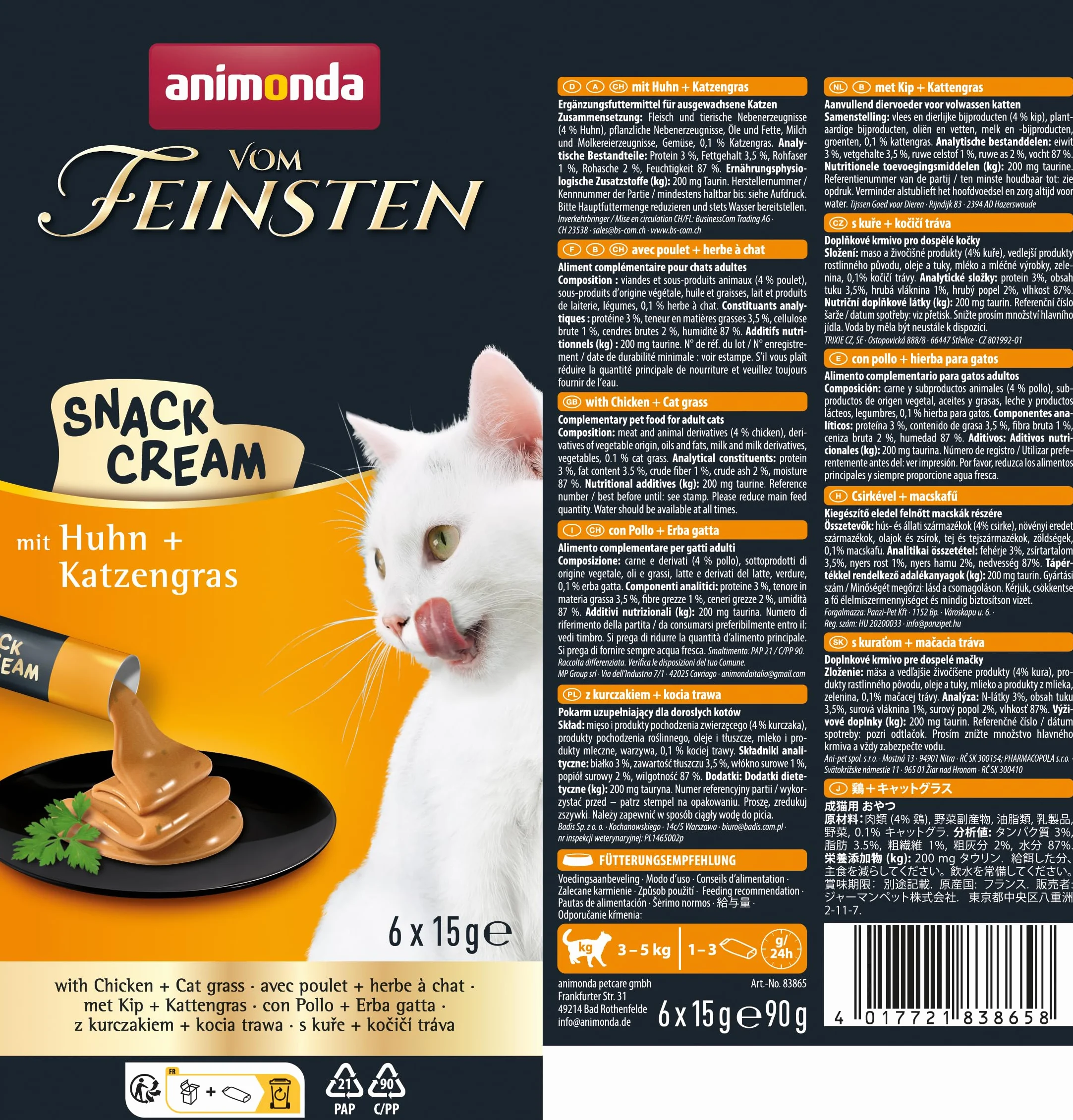 Animonda Vom Feinsten Adult Snack Cream Karma dla Kotów, Kurczak/Trawa, 6 x 15 g