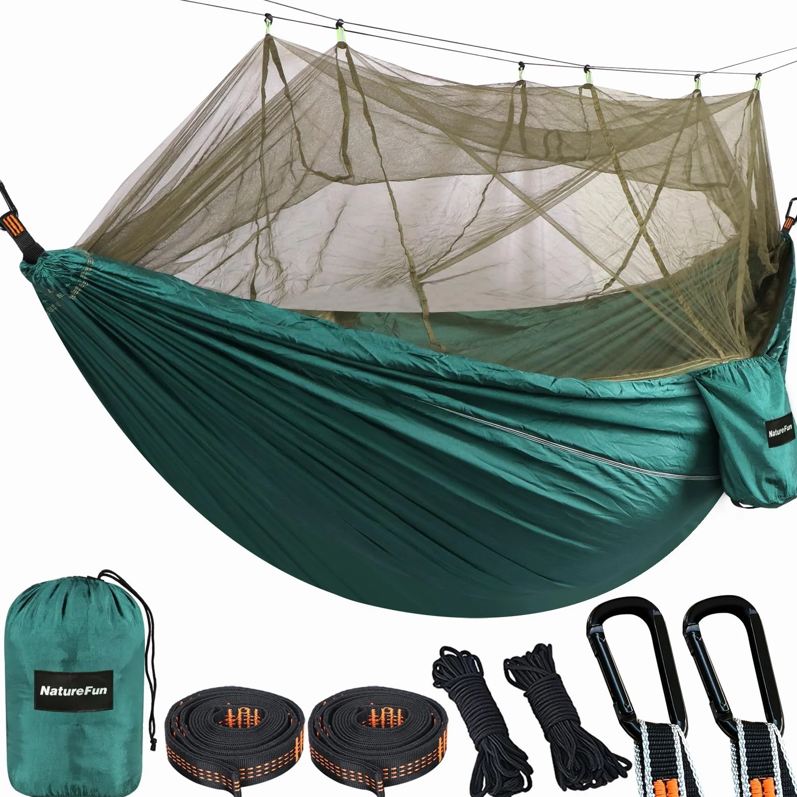 NATUREFUN Hamak kempingowy z moskitierą, nośność 300 kg, 300 x 200 cm, oddychający, szybkoschnący, nylonowy, nylon spadochronowy, 2 karabińczyki premium, 4 pasy w zestawie, na zewnątrz, do wewnątrz