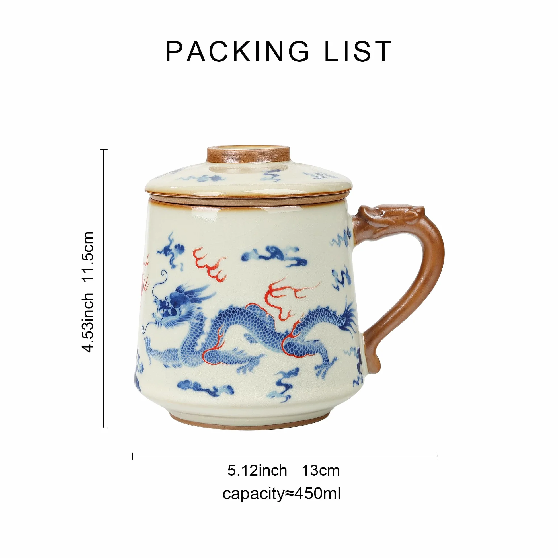 fanquare Chińskie filiżanki do herbaty z zaparzaczem i pokrywką, niebieskie filiżanki do herbaty Loong, porcelana, duża filiżanka do herbaty, na prezent domowy, 450 ml