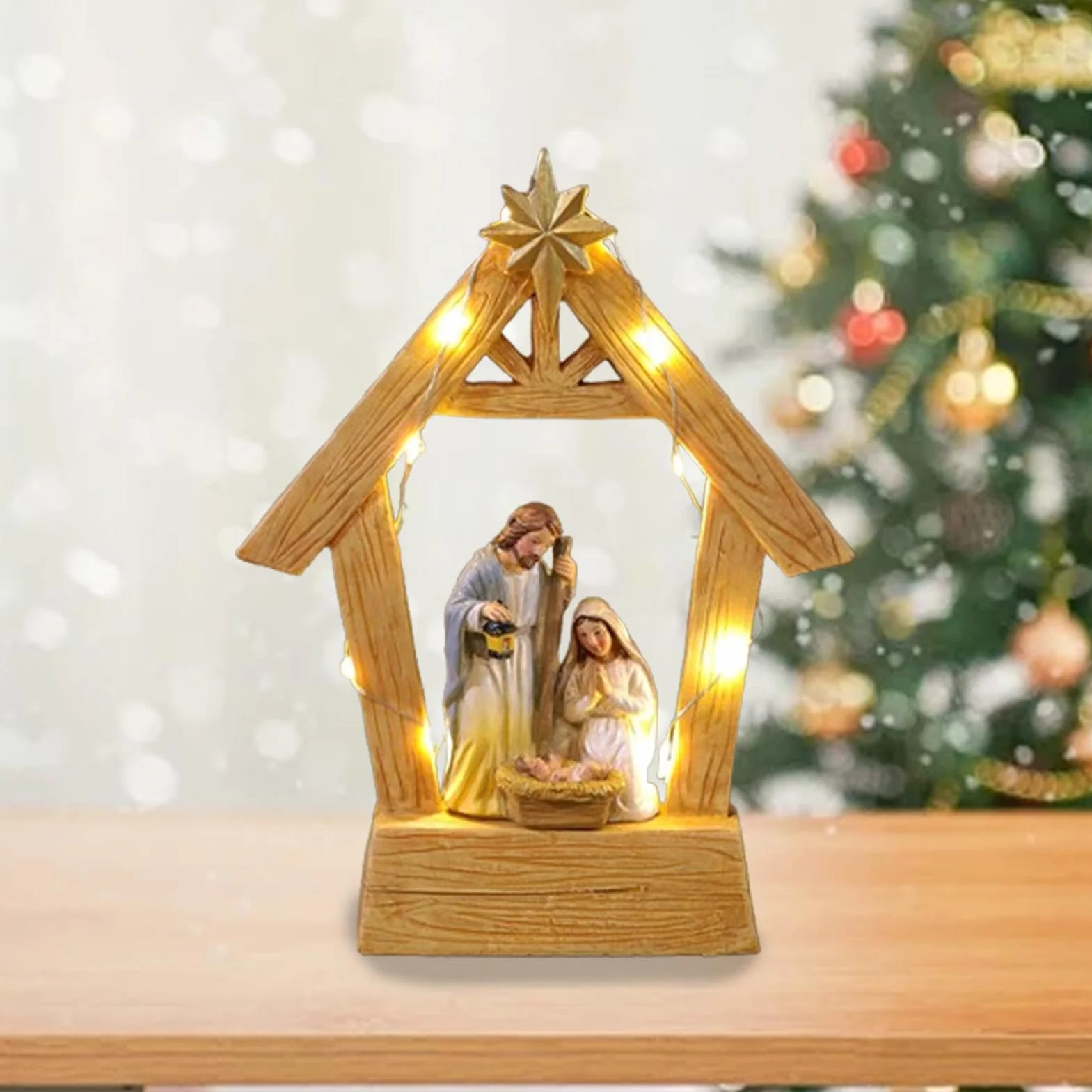 Szopka bożonarodzeniowa, religijna dekoracja bożonarodzeniowa, dekoracyjna szopka bożonarodzeniowa, scena żłobka świętej rodziny ze światłami, 5,71 x 1,85 x 1,85 x 7,48 cm, dekoracja okna (1