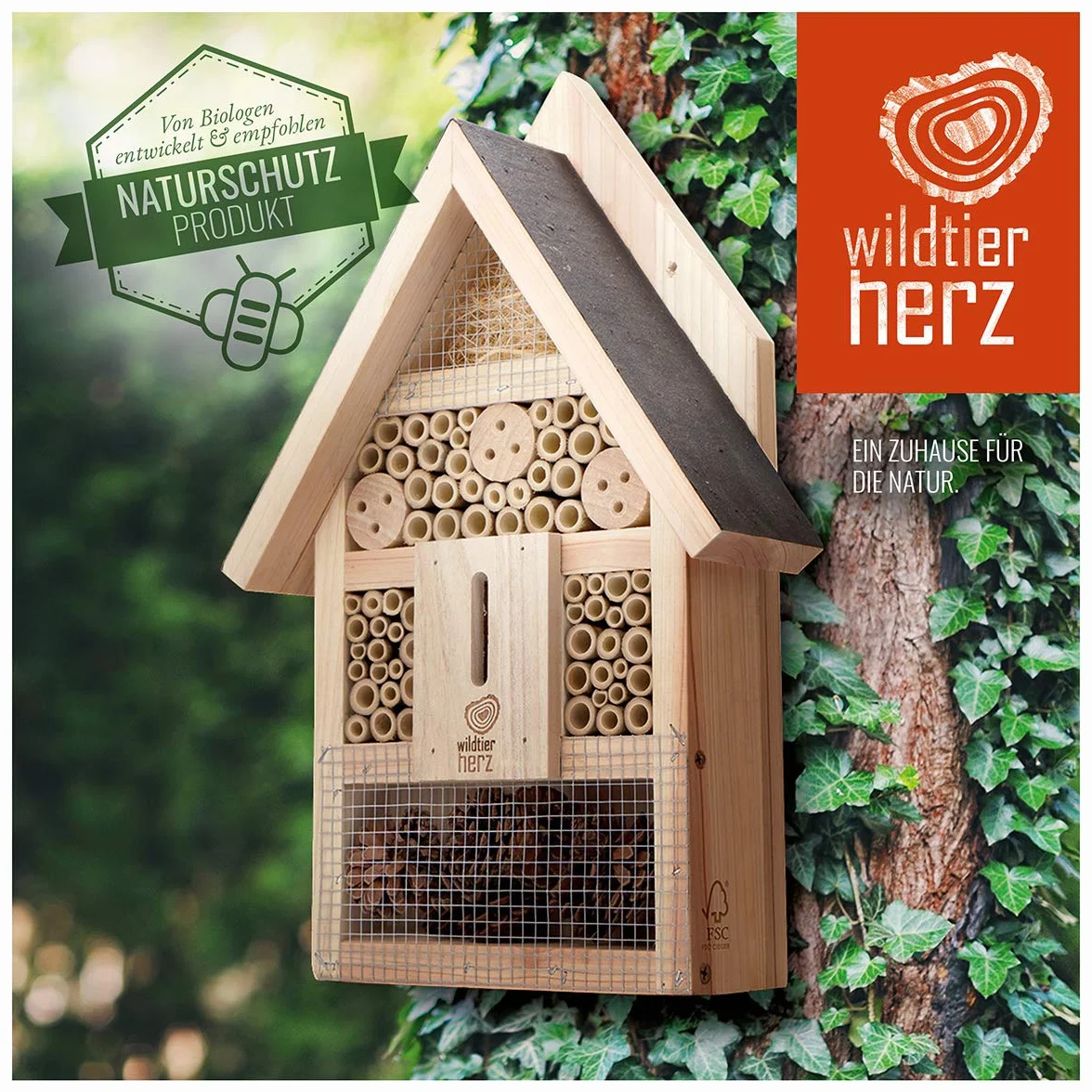 wildtier herz | Domek ogrodowy na owady z naturalnego drewna - odporny na warunki atmosferyczne - Ekologiczny schronienie dla motyli osy pszczół chrząszczy - łatwa pielęgnacja - trwała