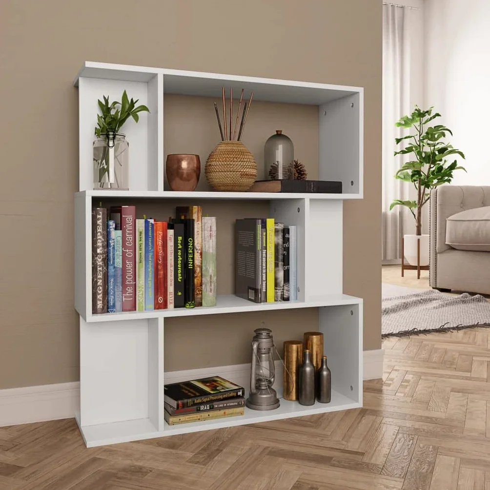 Générique Biblioteka 3 przegródki biały 80x24x96 cm Drewno Ingenierie | 6 małych przegródek, półka na książki DVD, oddzielna część, łatwa do czyszczenia, montaż w zestawie