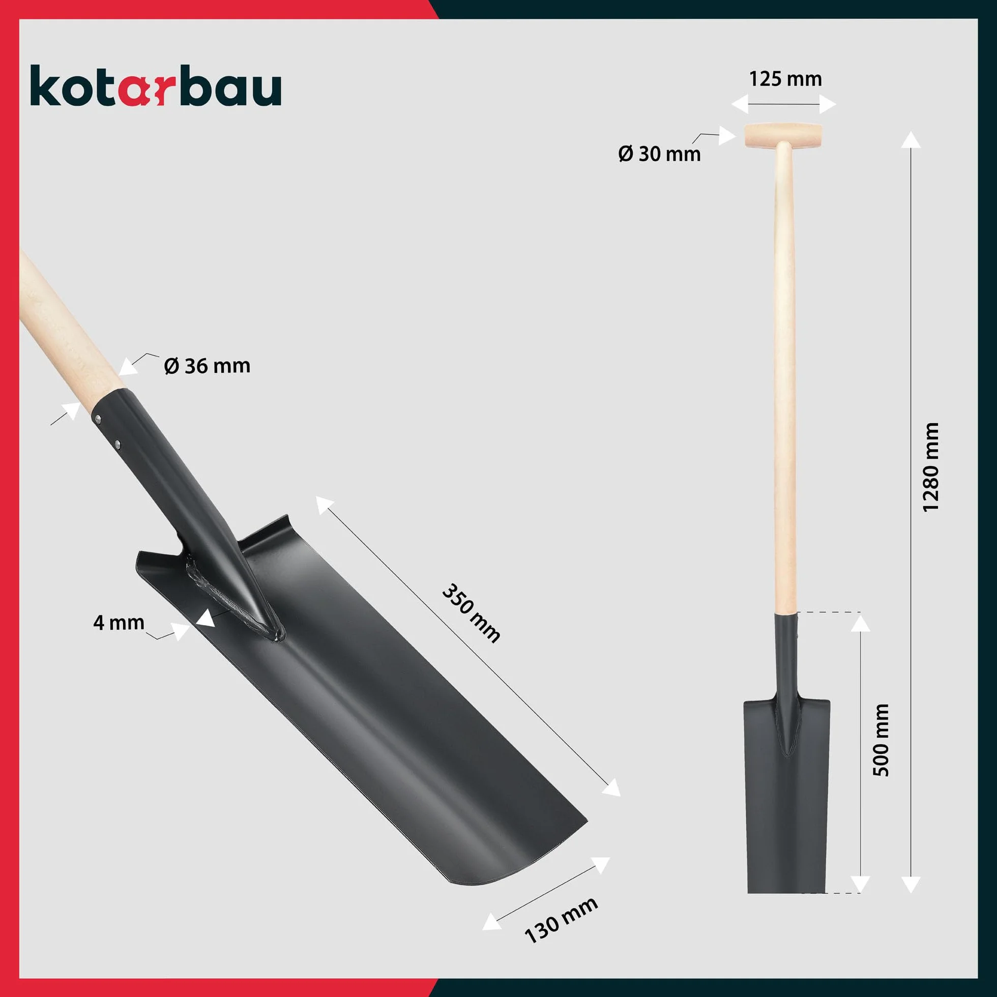 KOTARBAU® Szpatułka drenażowa 380 x 147 mm do średnicy trzonka 38 mm blacha stalowa długa wąska do przesadzania z drewnianym trzonkiem Szpadel