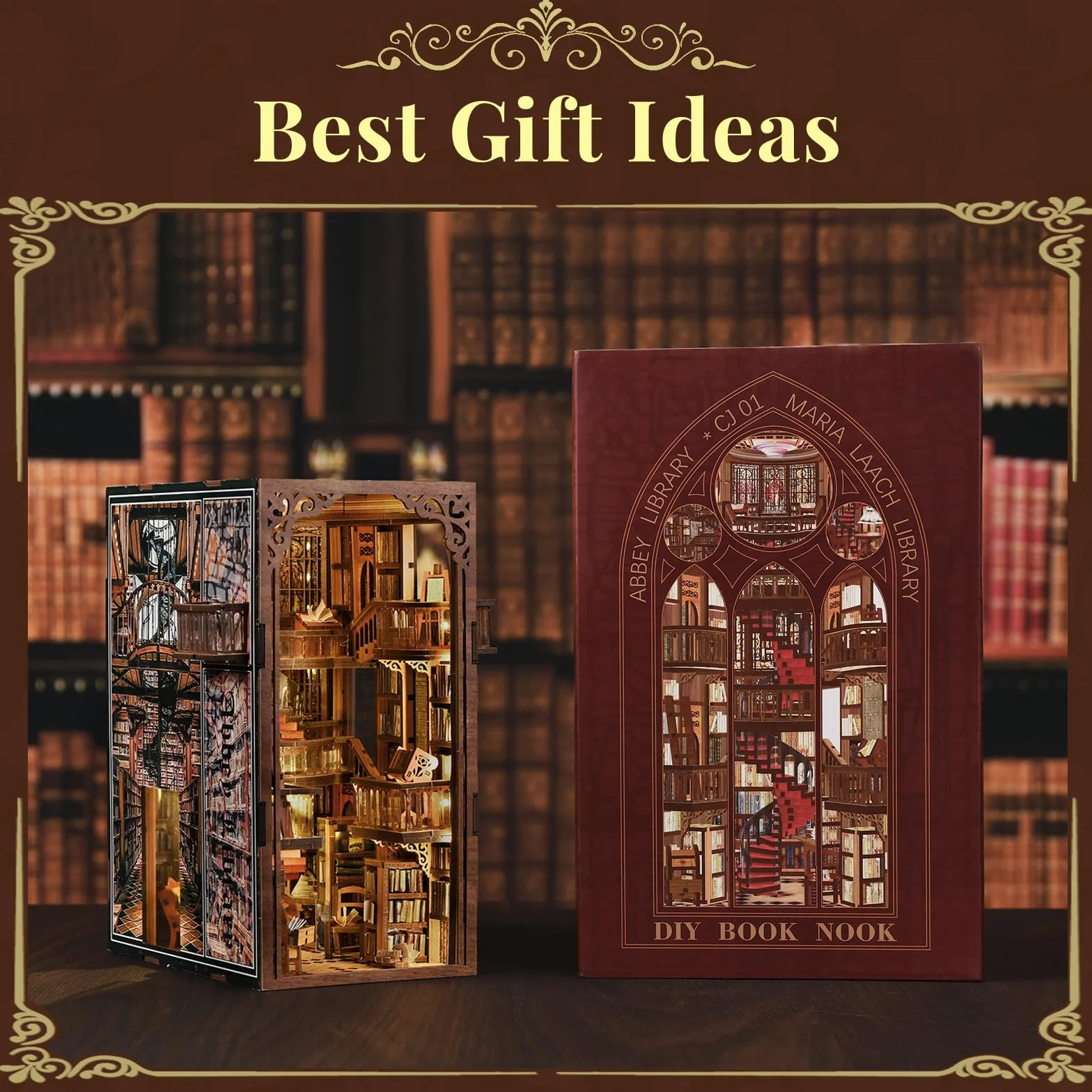 Zestaw MiniCity Book Nook, zestaw DIY do miniaturowego domku dla lalek Booknook, 3D puzzle z drewna, wkładka do książek, regał, dekoracja dla młodzieży i dorosłych (Biblioteka Abbey)