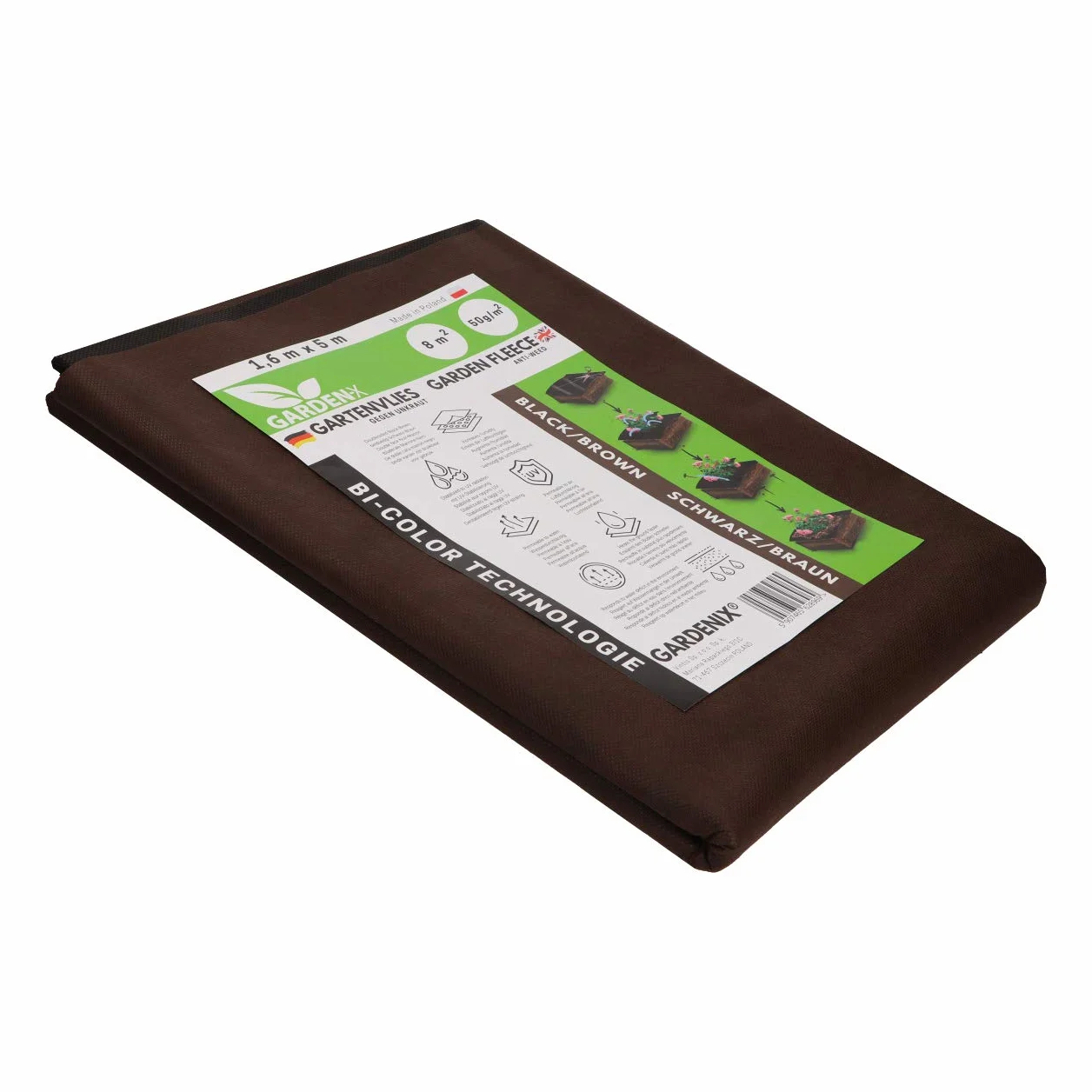 GARDENIX 8 m² Dwukolorowa brązowo-czarna tkanina antychwastowa 50 g/m² ‒ polar ogrodowy o wysokiej stabilizacji UV, odporny na rozdarcie i przepuszczalny dla wody (1,6 m x 5 m)