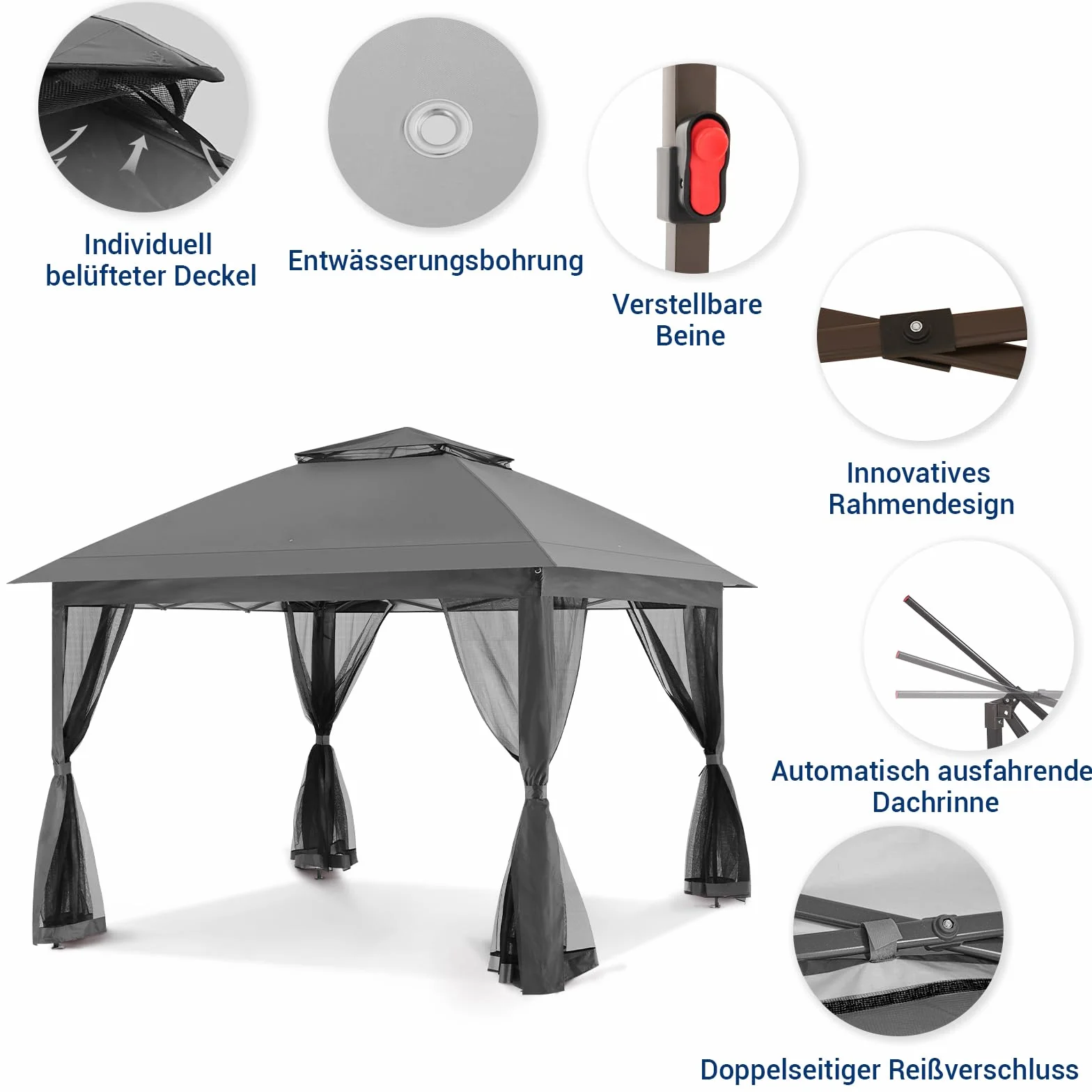 UDPATIO Pawilon Pop Up 3 x 3, wodoszczelny, stabilny, odporny na warunki zimowe z podwójnym dachem, moskitierą i 4 workami na piasek, metalowe podpory, pawilon ogrodowy na taras, imprezę, do ogrodu