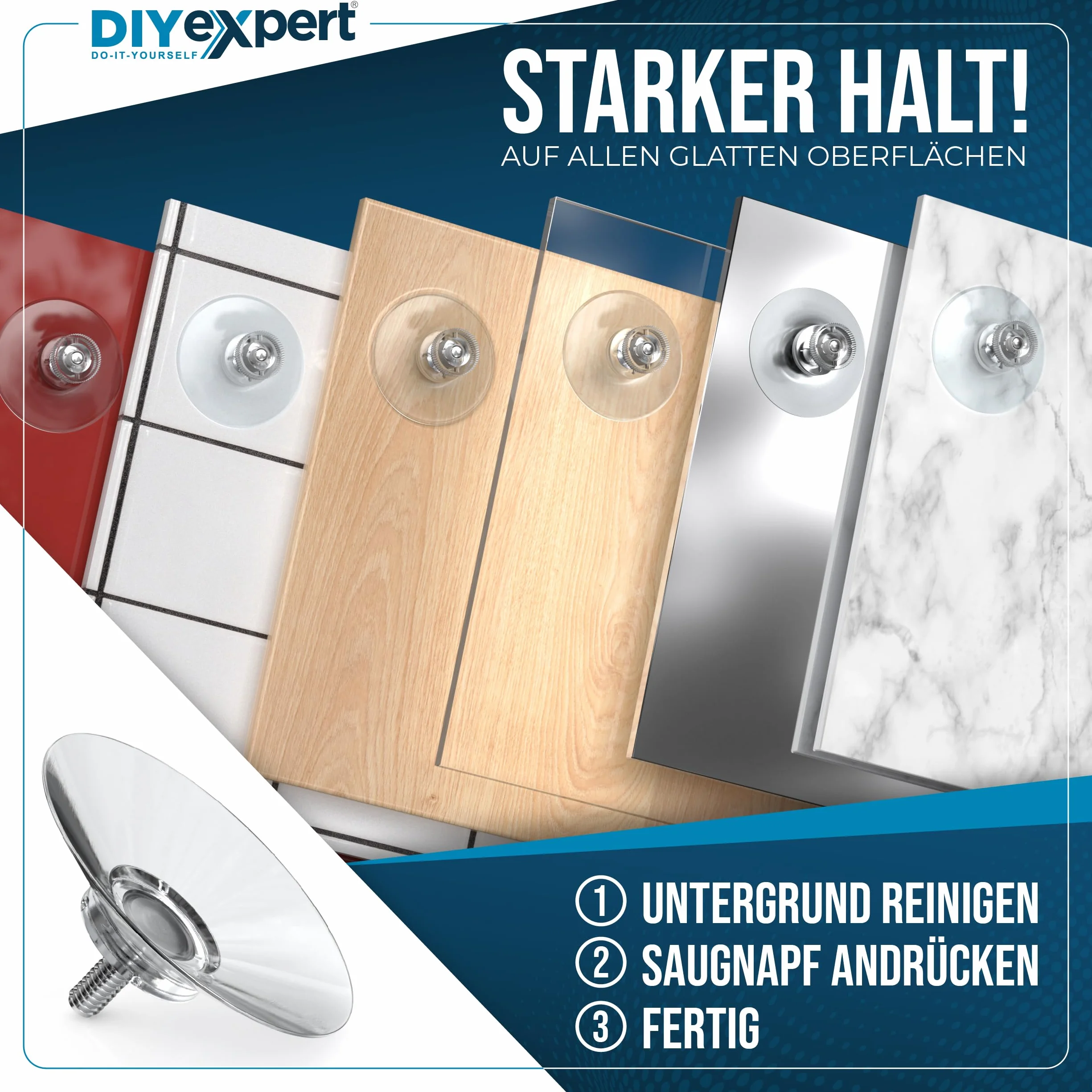 DIYexpert® 4 x przyssawka Ø 40 mm, z gwintem M4 x 10 mm, w zestawie nakrętki radełkowane przezroczyste - wyprodukowano w Niemczech