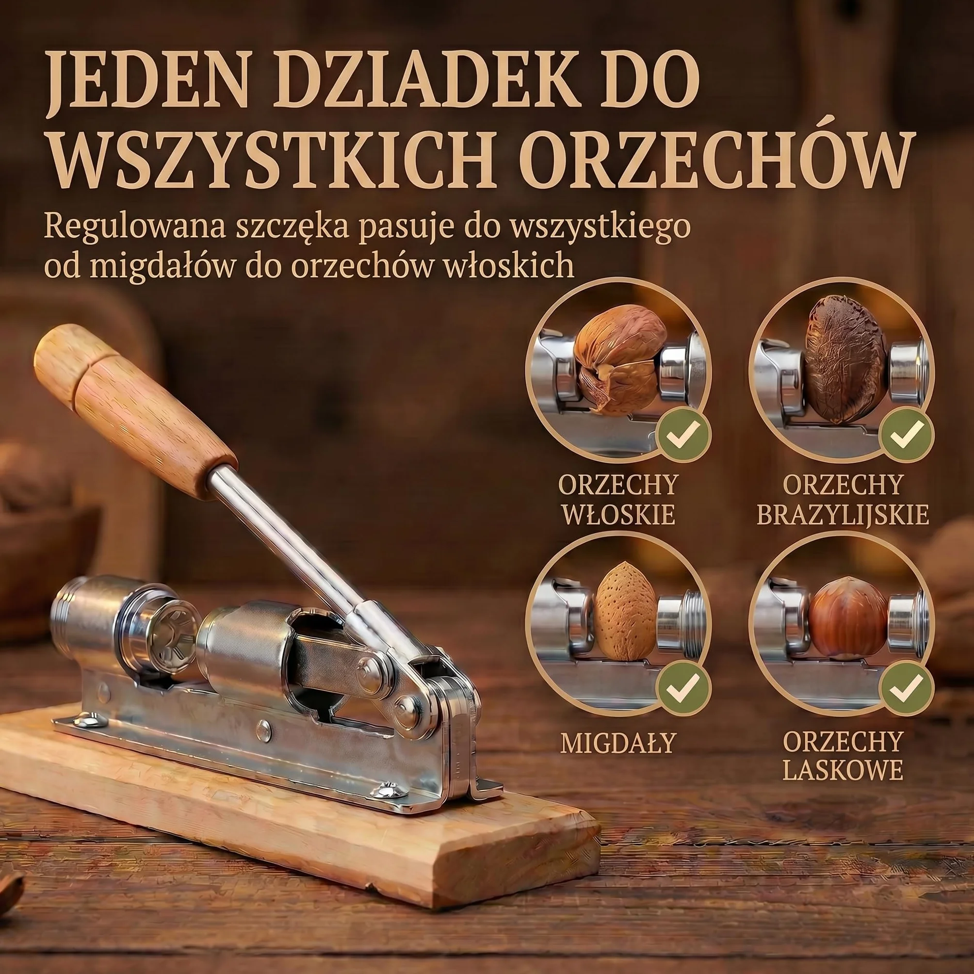 Dziadek do orzechów Retro ze stali nierdzewnej z dźwignią, regulacją wielkości