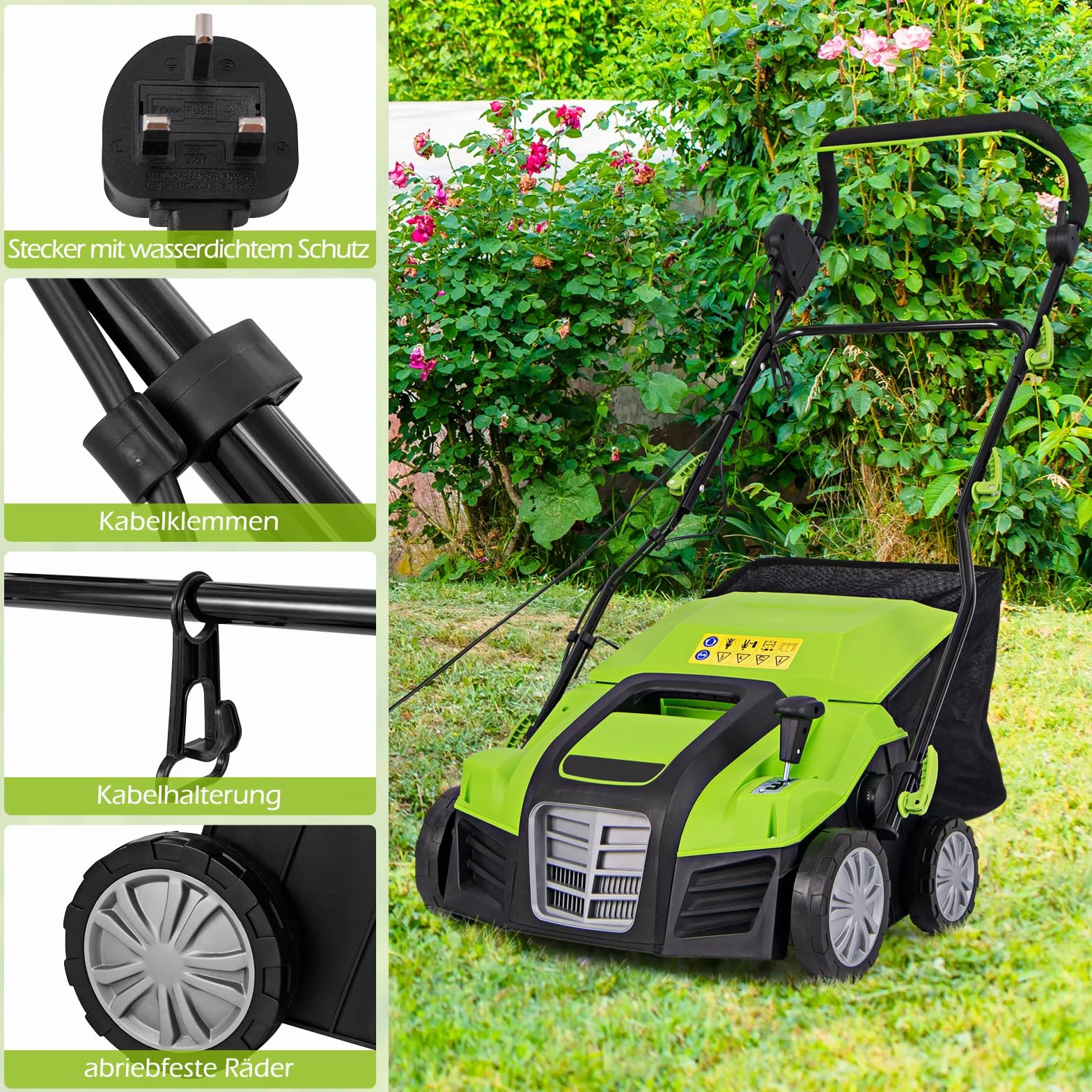 GOPLUS Elektryczny wertykulator 2 w 1, wertykulator trawnika o mocy 2000 W, szerokość robocza 40 cm, 3-stopniowa regulacja wysokości, 5 stopni głębokości roboczej, kosz na trawnik 55 l, do pielęgnacji