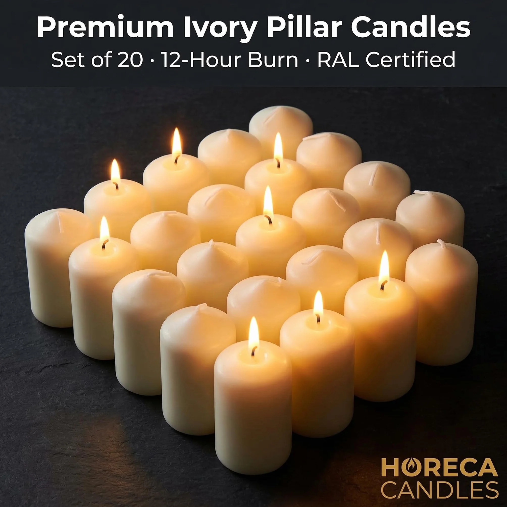 Horeca Candles Świece filarowe - kość słoniowa - zestaw 20 świec dekoracyjnych - Ø 4 x 7 cm (1,57 x 2,76 cala) - długie palenie 12 godzin - bezzapachowe - bez kapania - bezdymne - jakość RAL