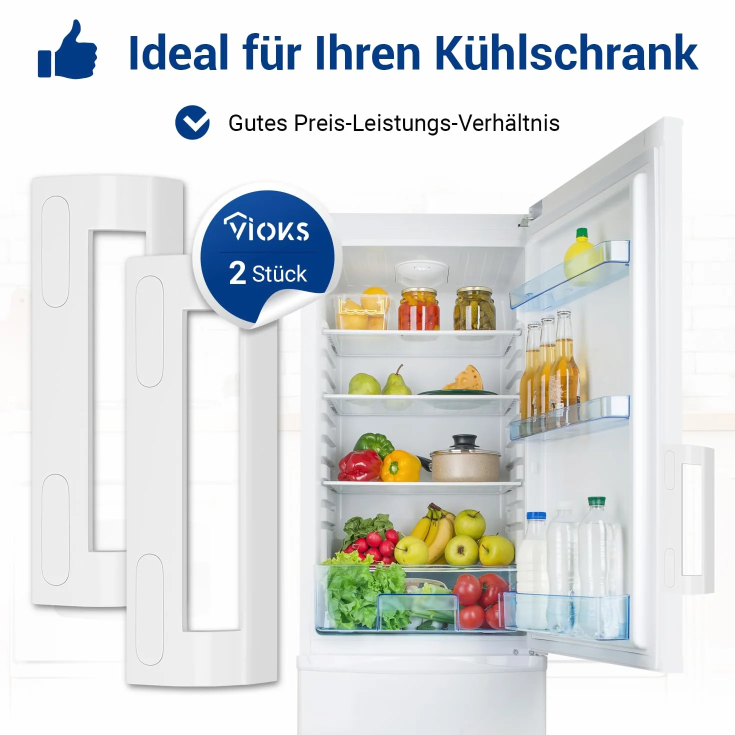 VIOKS Zestaw 2 klamek do drzwi, białe, 200 x 70 x 45 mm, uniwersalne uchwyty do lodówki, z rozstawem mocowania 82-163 mm, uchwyt do drzwi lodówki i zamrażarki, części zamienne do zamrażarki