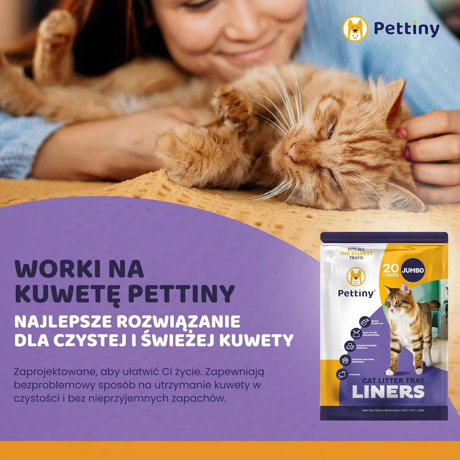 Pettiny Jumbo Worki do Kuwety z Taśmami – Opakowanie 20 Torb Odpornych na Zadrapania do Wielkich Kuwet