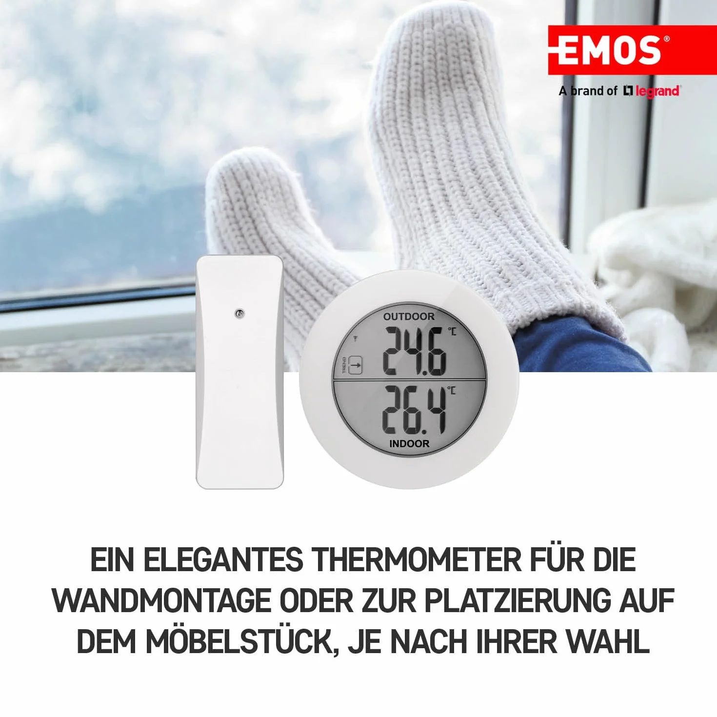 EMOS E0129 cyfrowy termometr z czujnikiem zewnętrznym, temperatura zewnętrzna i temperatura wewnętrzna, z bezprzewodowym czujnikiem radiowym, zasięg 80 m, funkcja pamięci