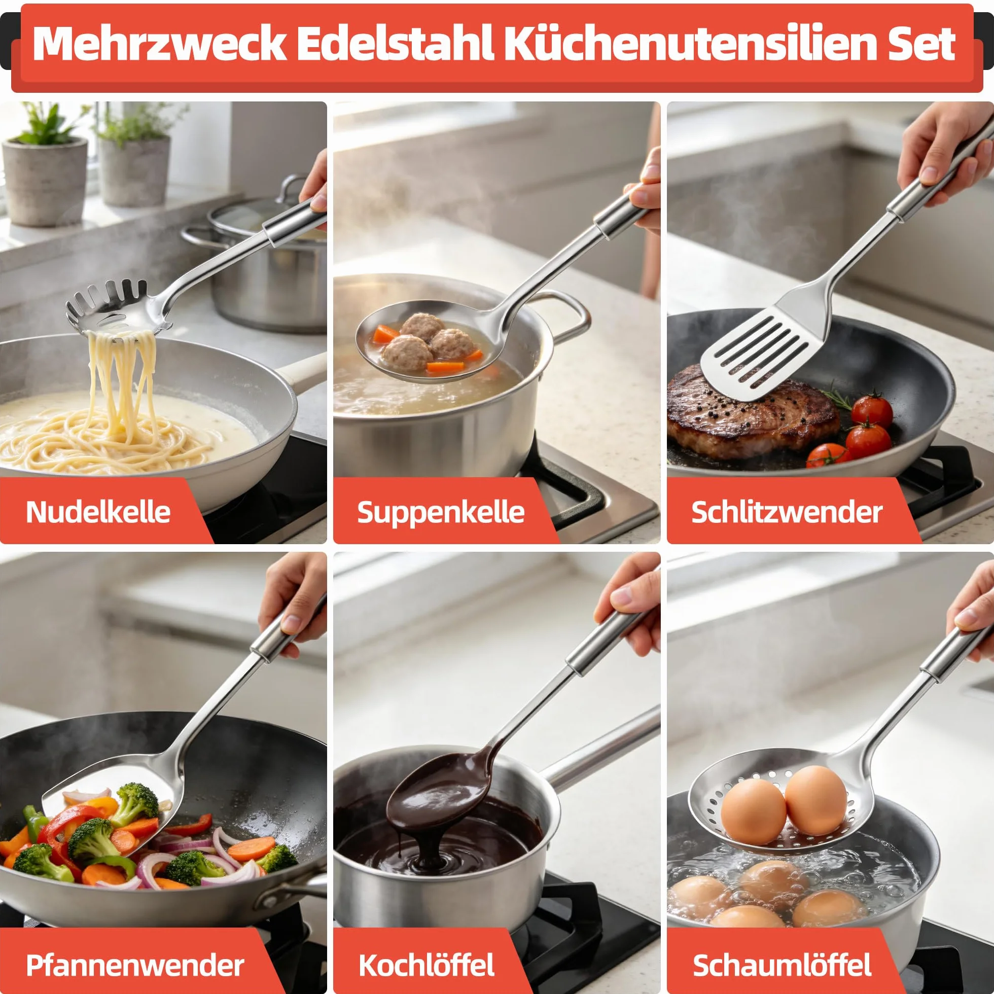 Joyfair Zestaw przyborów kuchennych, 6 sztuk ze stali nierdzewnej, zestaw pomocy kuchennych, żaroodporne przybory kuchenne z łopatką do patelni, łopatką szczelinową, łyżką piankową, chochlą do zupy