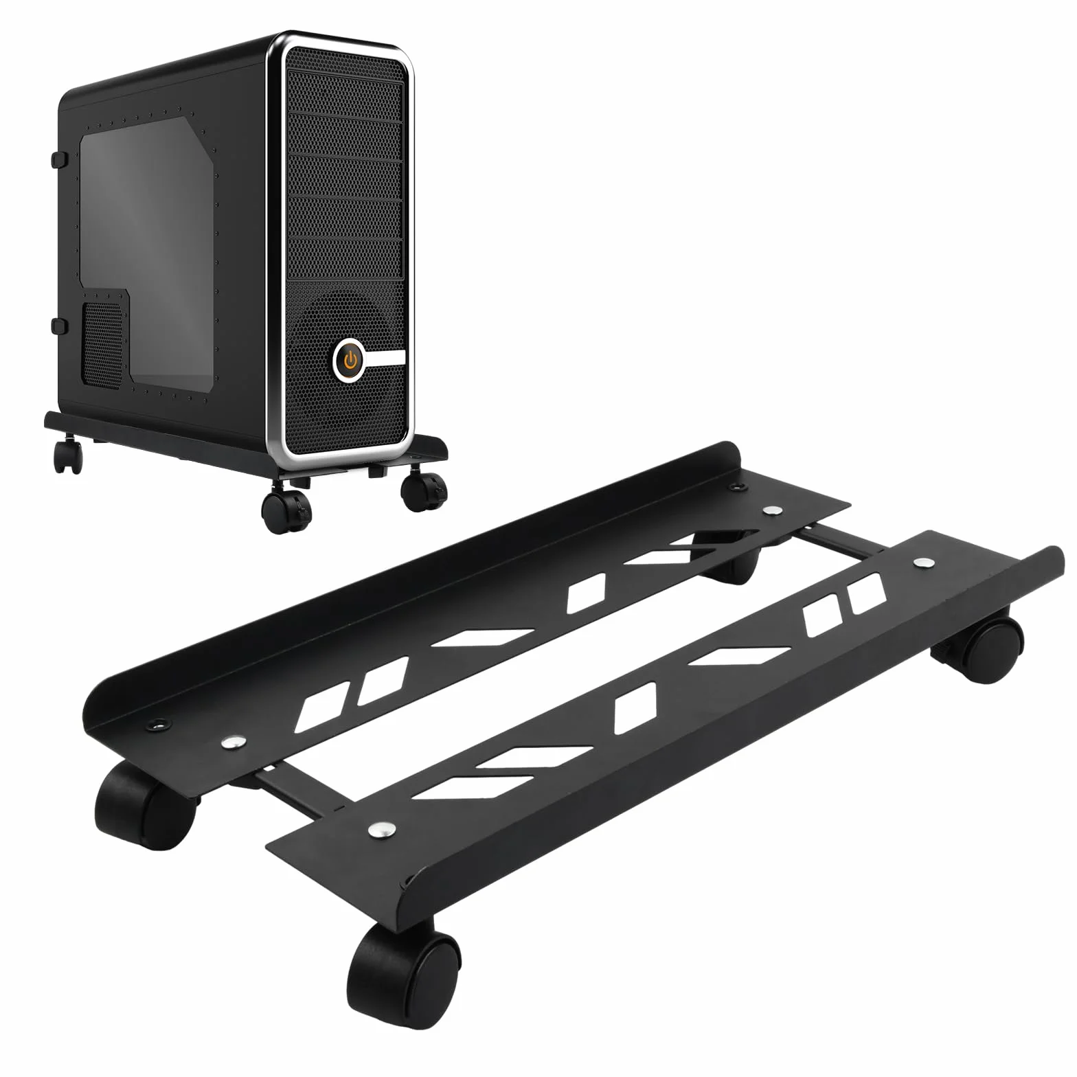 Stojak na komputer, stojak na dywan, regulowany mobilny stojak na procesor, wózek PC z 4 kółkami, czarny (49 x 19,5-25 cm)