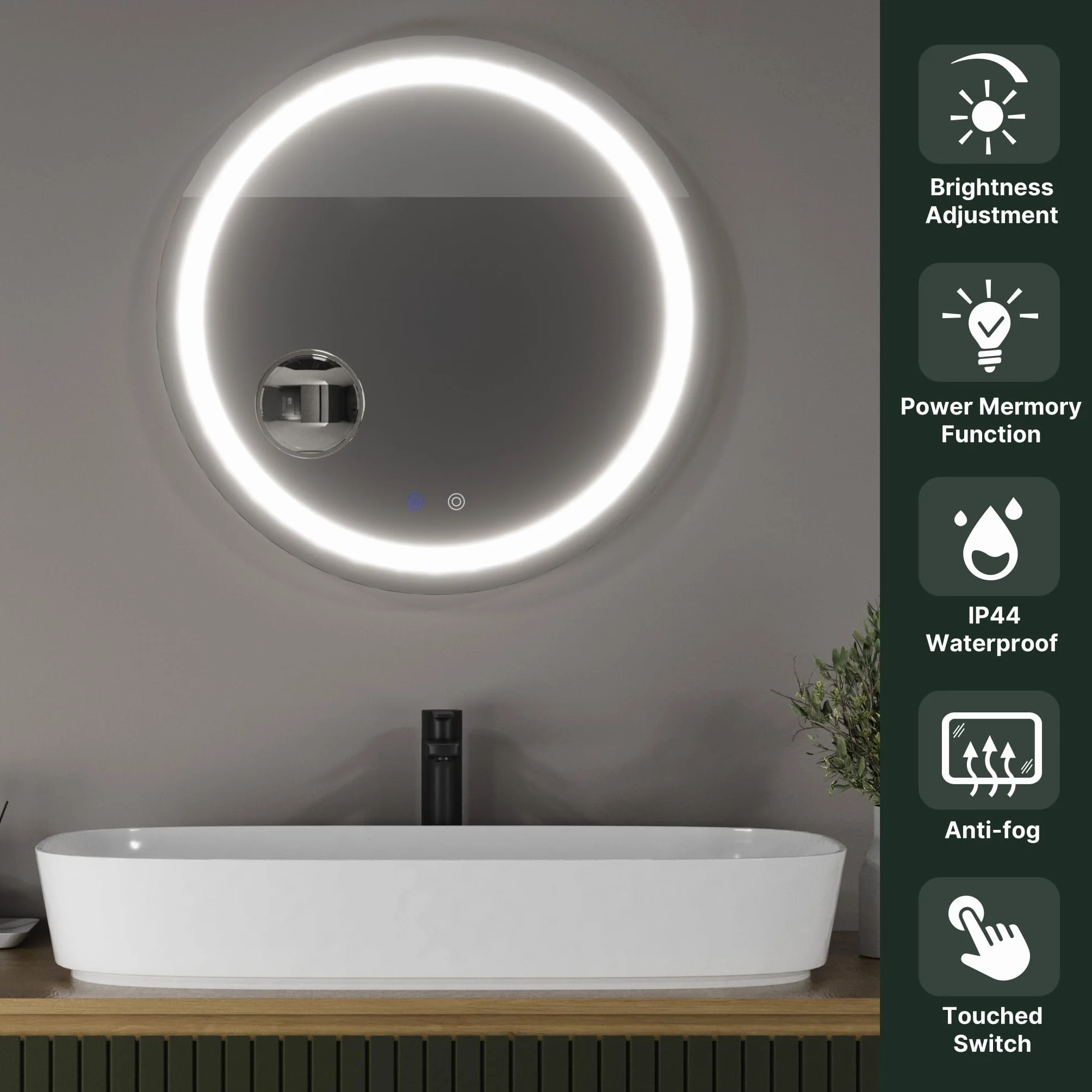 Mondeer Lustro łazienkowe LED, okrągłe, 60 cm, z włącznikiem dotykowym i powłoką zapobiegającą parowaniu, zdejmowane 5 x lupa, 3 kolory światła, możliwość ściemniania, do łazienki (3000 K - 6500 K)