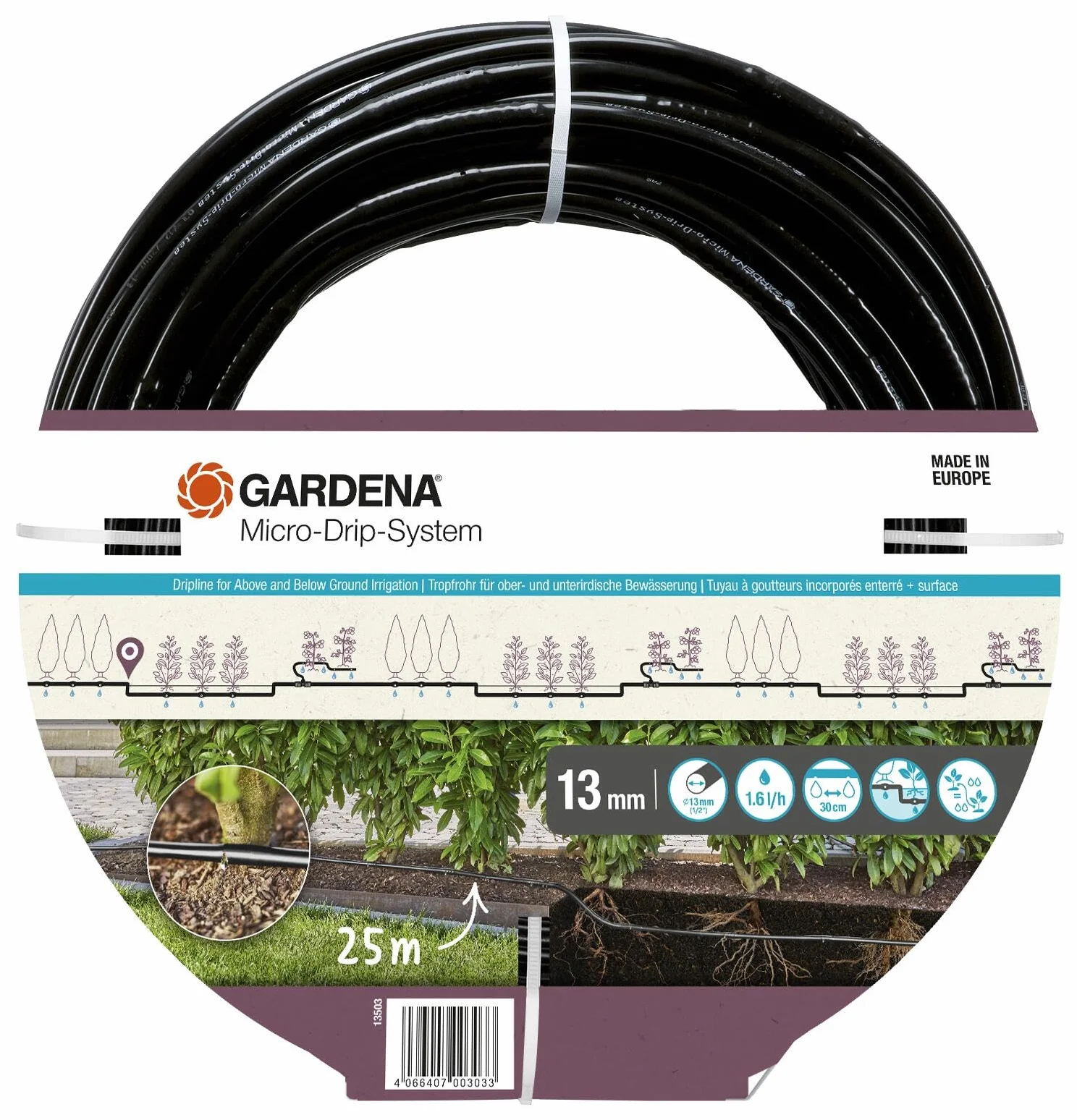 Gardena zestaw Micro-Drip rura kroplująca 1,6 l/h układanie nad ziemią i pod ziemią (25 m): Zes. rozszerzający do wodooszczędnego sys. nawadniania, prosta i elast. tech. połączeniowa (13503-20)