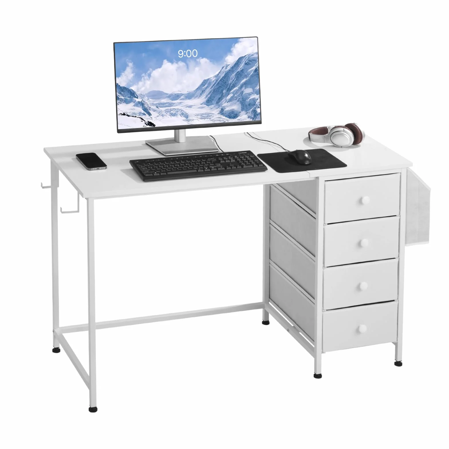 VEVOR Biurko komputerowe z szufladami z tkaniny, dwustronne 120 cm do nowoczesnego biura domowego sypialni, prosty nowoczesny stół PC z metalową ramą, biały