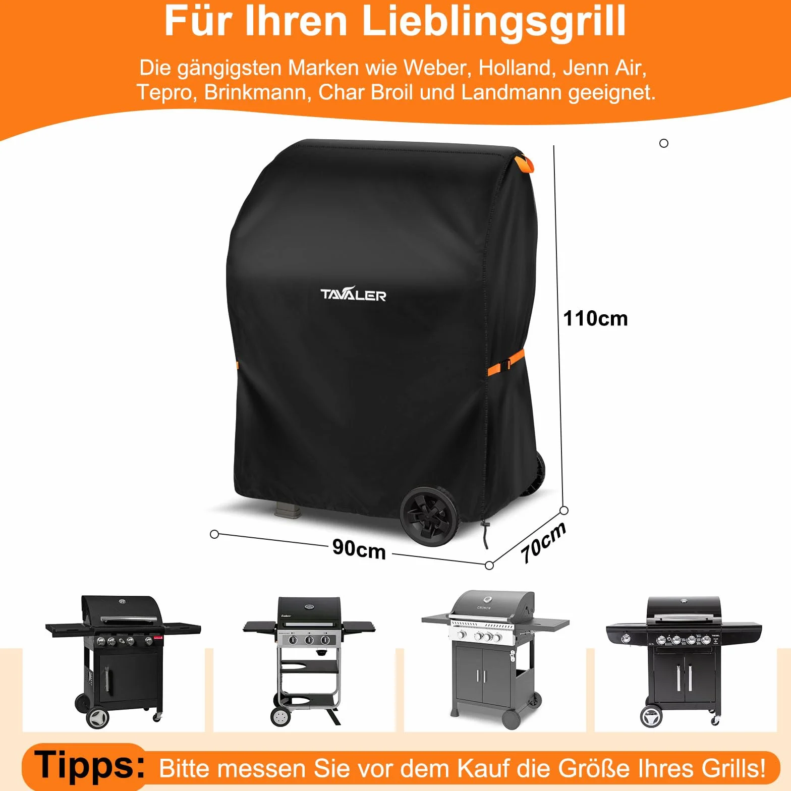 Tavaler Pokrowiec na grilla, odporny na warunki atmosferyczne - 90x70x110 cm, osłona na grill 600D Oxford-Stoff, osłona na gazowy grill marki Weber, Enders, seria Char Broil
