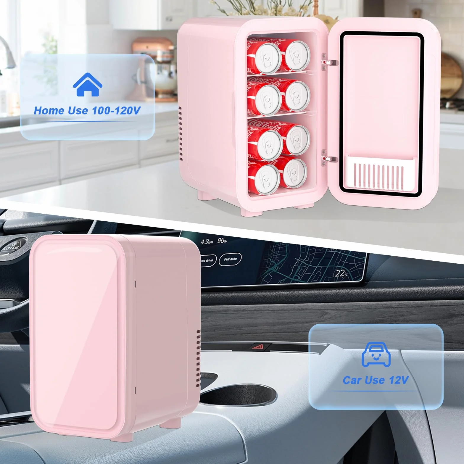 YASHE Mini lodówka, 6 litrów/8 puszek, 220-240 V AC/DC, przenośna termoelektryczna lodówka, lodówka do sypialni, pielęgnacji skóry, napojów, biura, akademika i samochodu, różowa