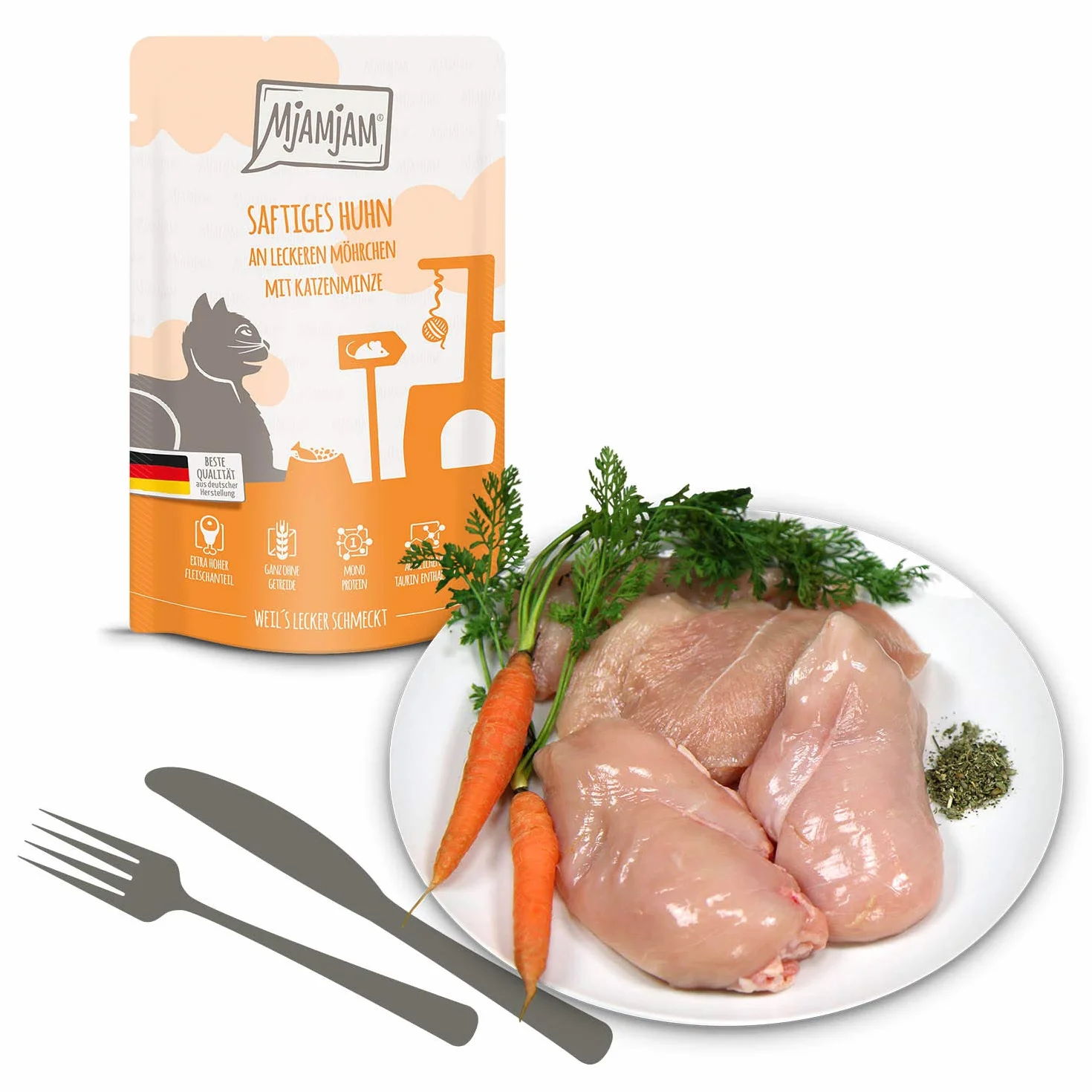 MjAMjAM - Premium mokra karma dla kotów - 4 x kurczak, 4 x kaczka i drób, 4 x indyk 12 x 125 g, opakowanie 12 szt. (12 x 125 g), bez zbóż z dodatkowym mięsem